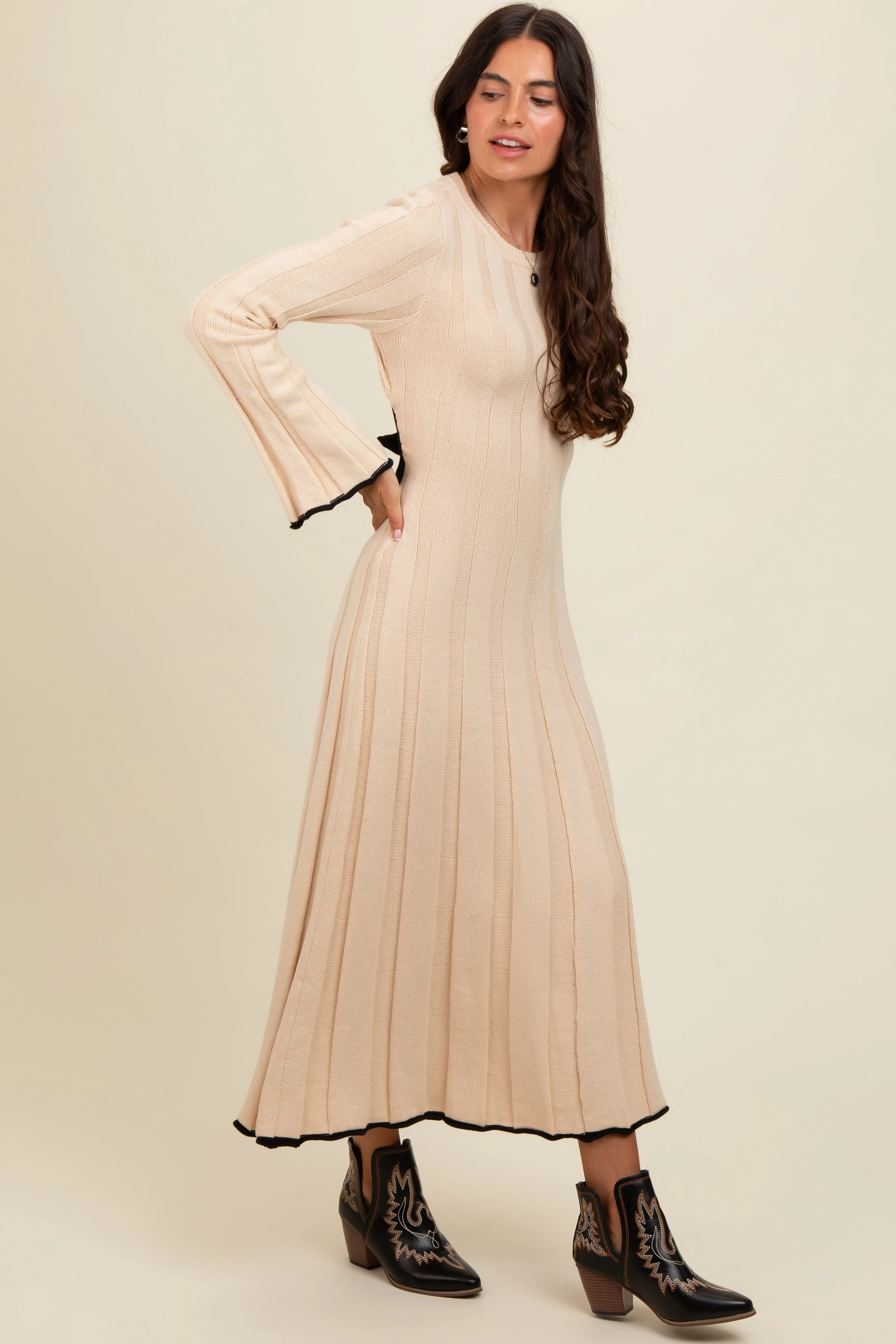 Cream Sweater Knit Bell Sleeve Back Cutout Maxi Dress sold by Pinkblush product image thumbnail 3