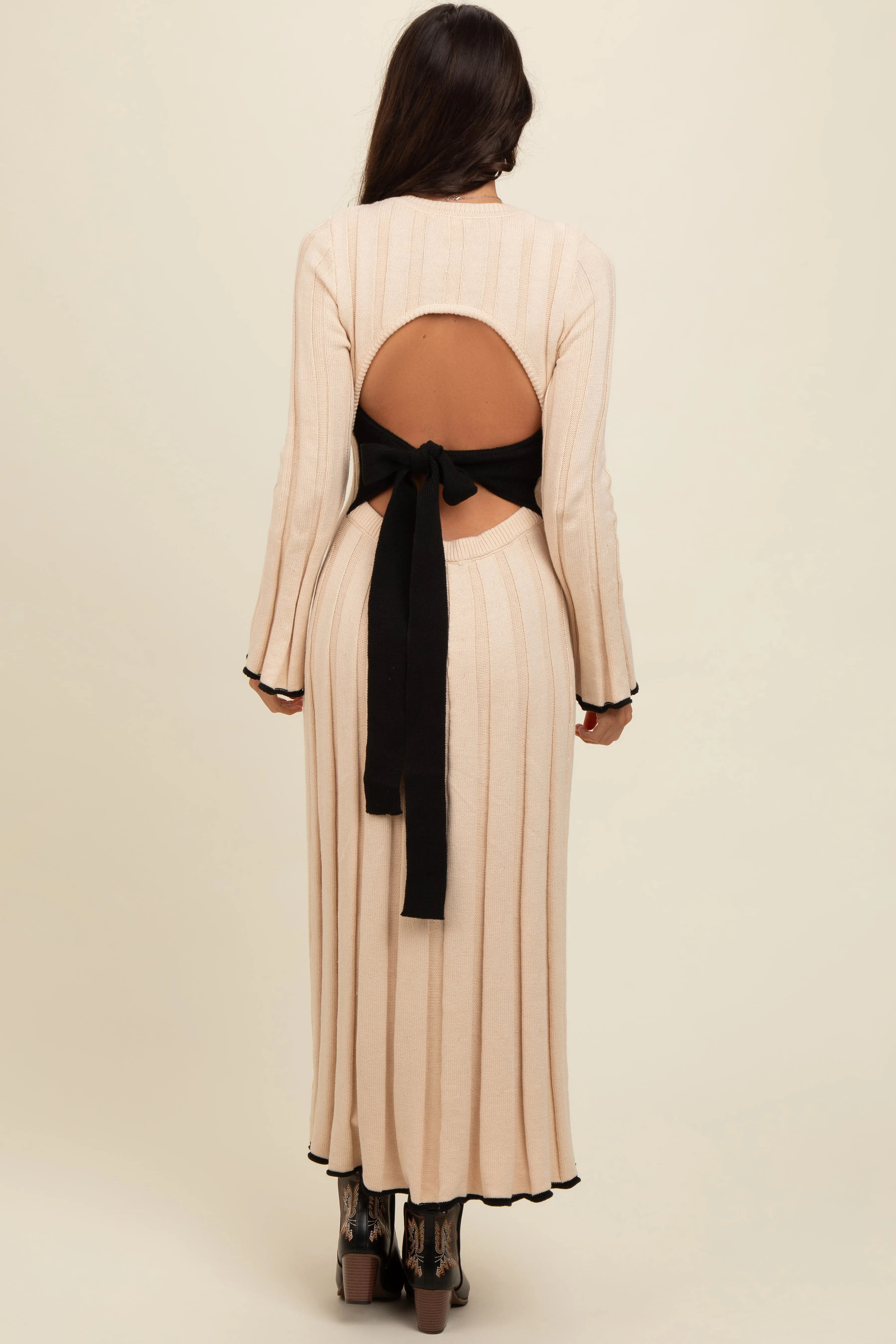 Cream Sweater Knit Bell Sleeve Back Cutout Maxi Dress sold by Pinkblush product image thumbnail 4