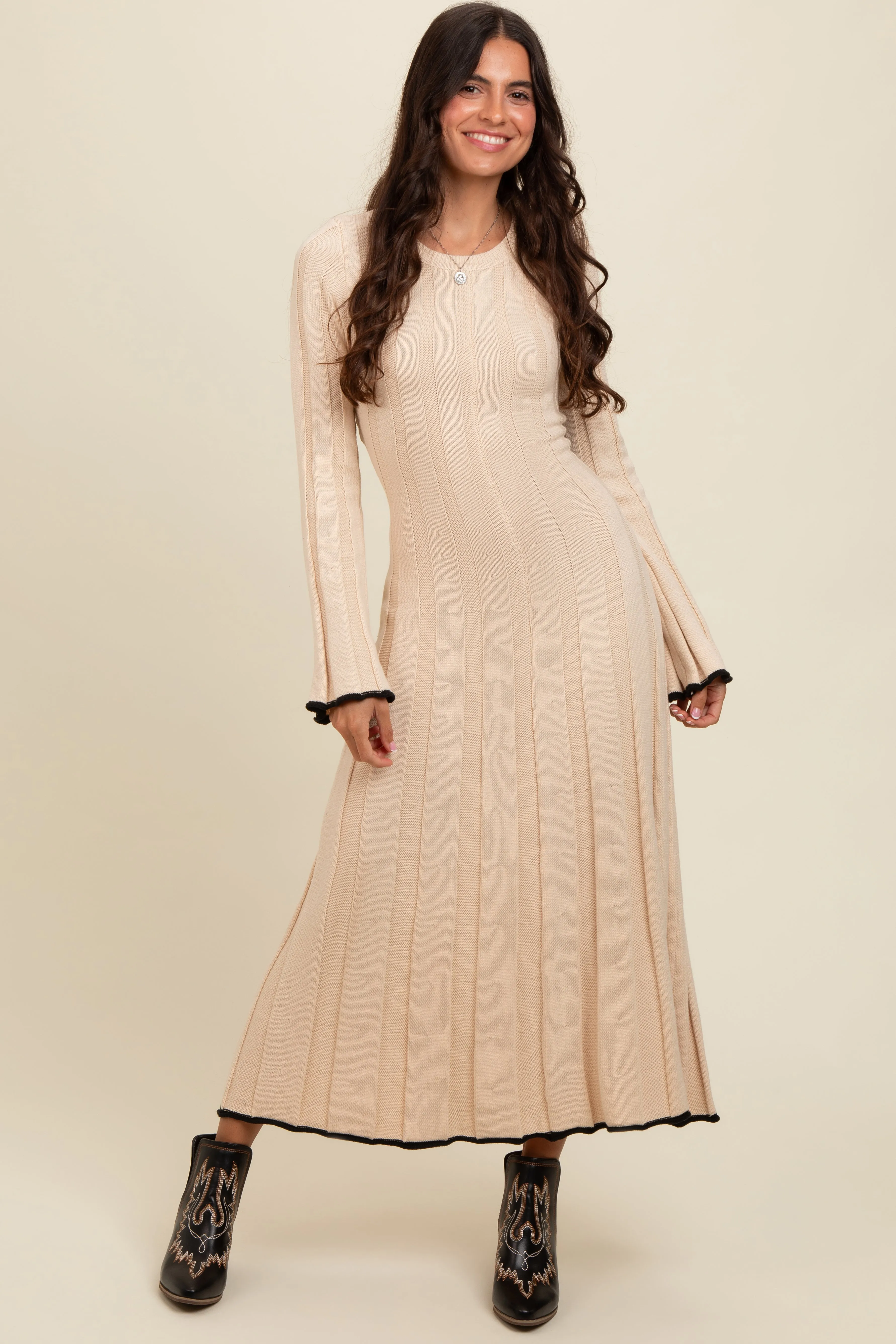 Cream Sweater Knit Bell Sleeve Back Cutout Maxi Dress sold by Pinkblush