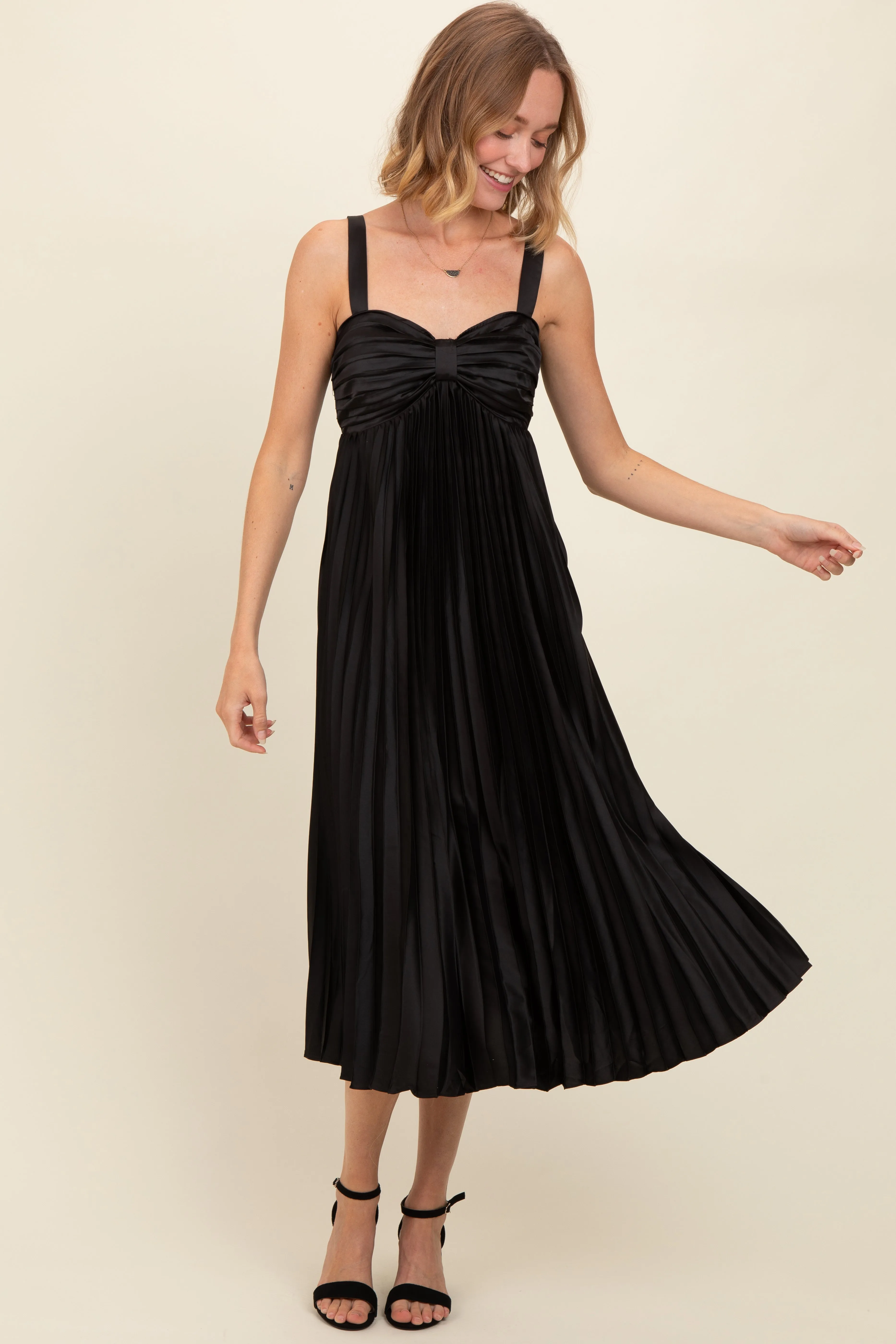 Black Satin Pleated Sweetheart Midi Dress sold by Pinkblush product image thumbnail 3