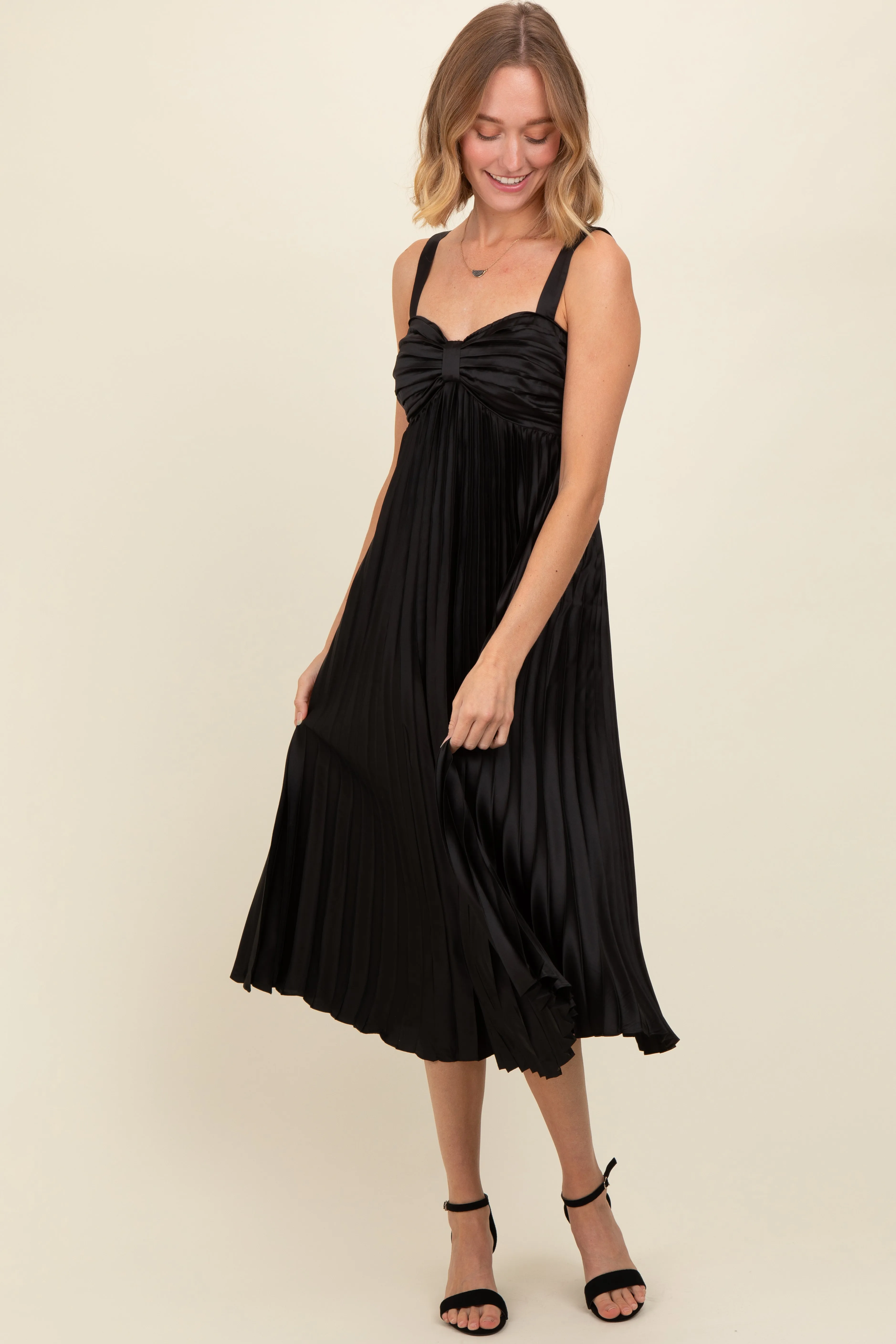 Black Satin Pleated Sweetheart Midi Dress sold by Pinkblush