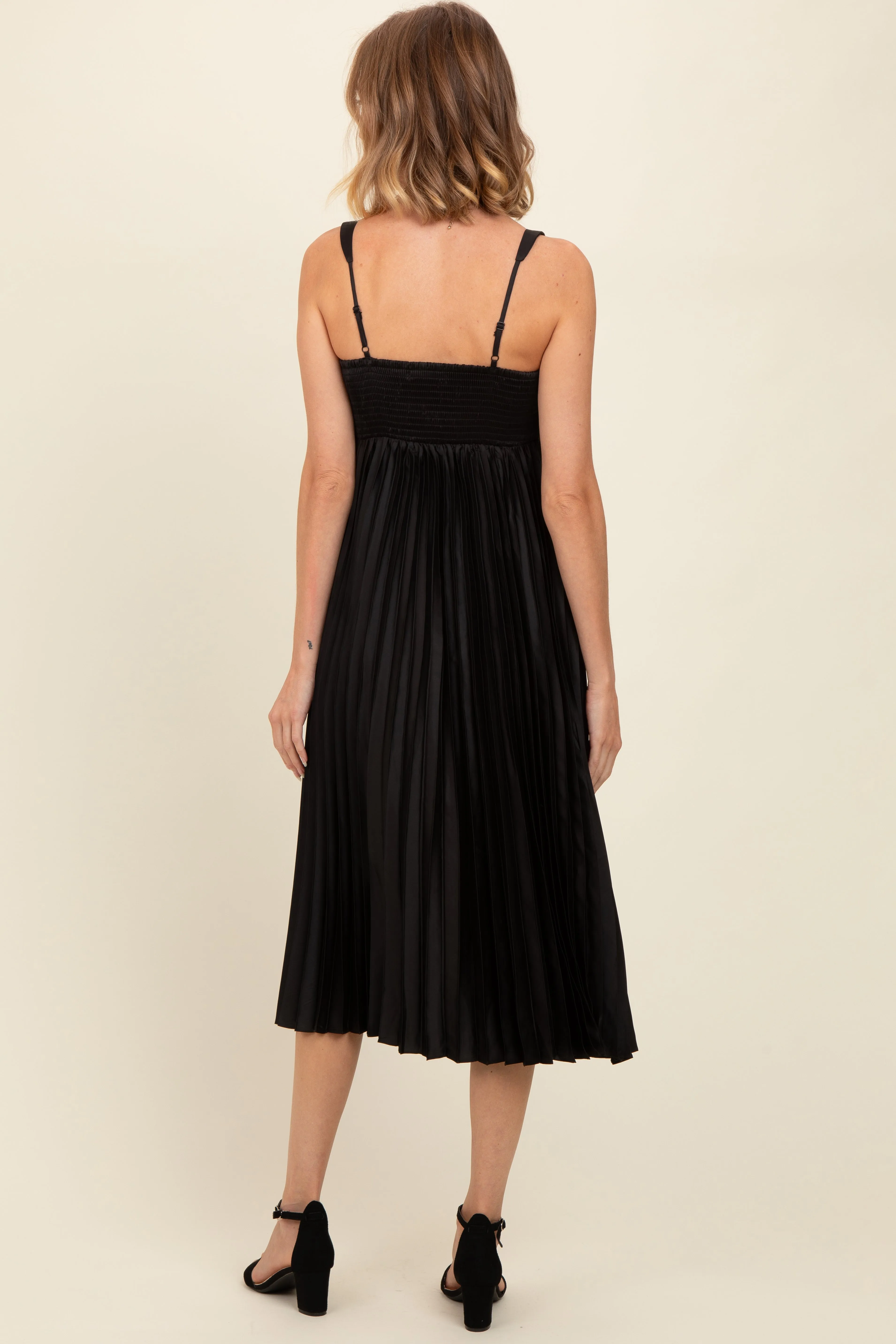 Black Satin Pleated Sweetheart Midi Dress sold by Pinkblush product image thumbnail 2