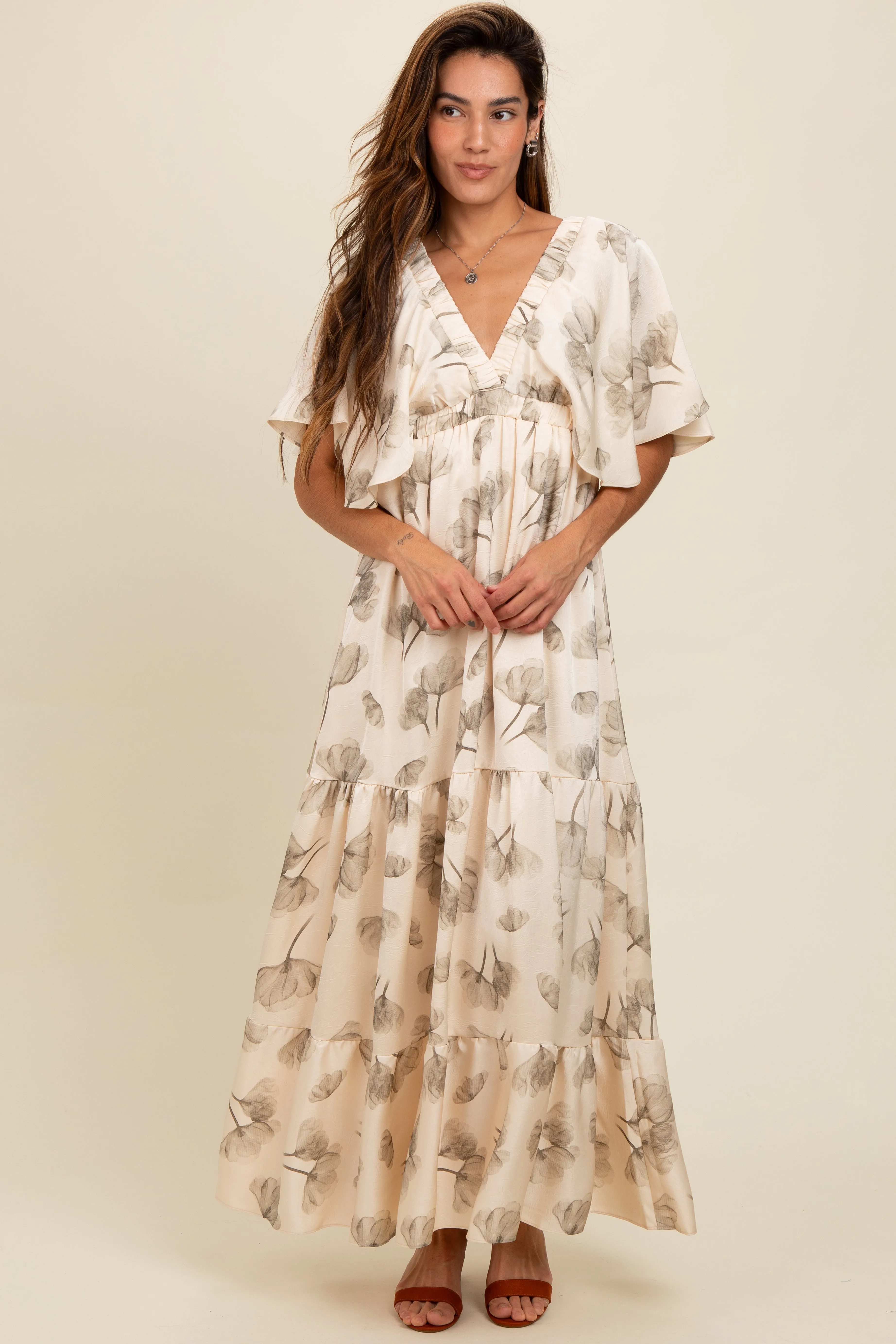 Cream Floral Deep V-Neck Maxi Dress sold by Pinkblush product image thumbnail 2