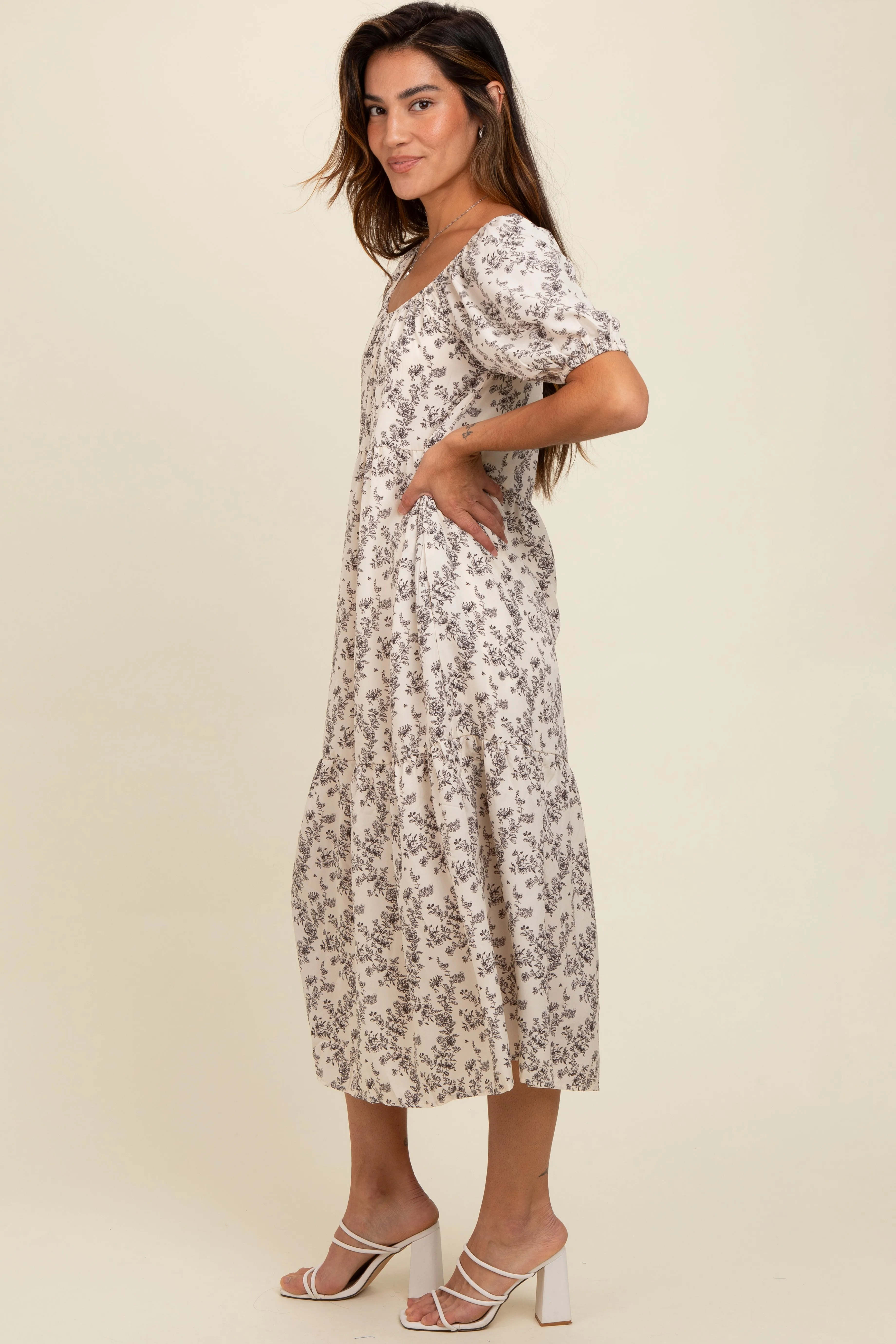 Cream Floral Ruffle Hem Midi Dress sold by Pinkblush product image thumbnail 2