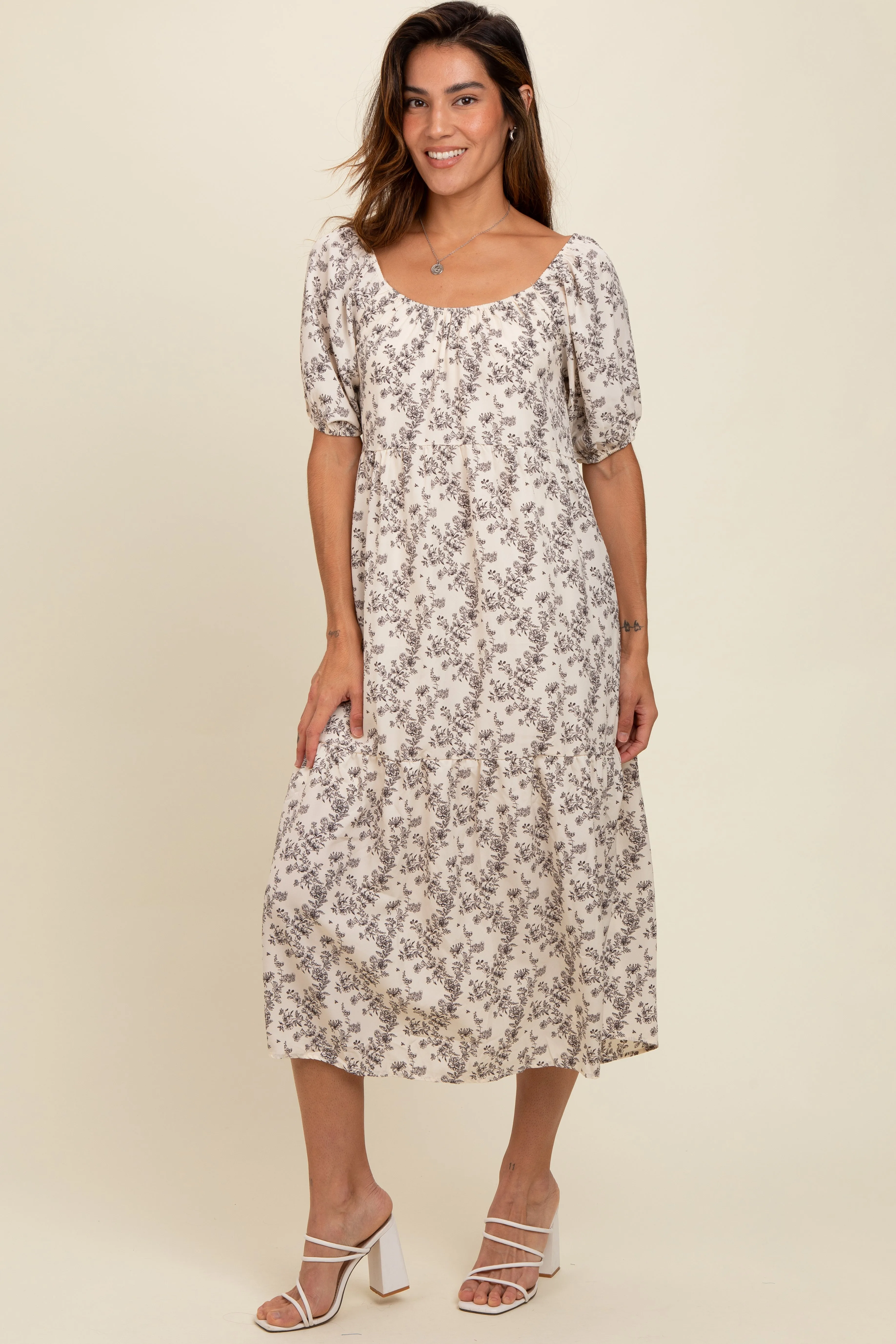 Cream Floral Ruffle Hem Midi Dress sold by Pinkblush