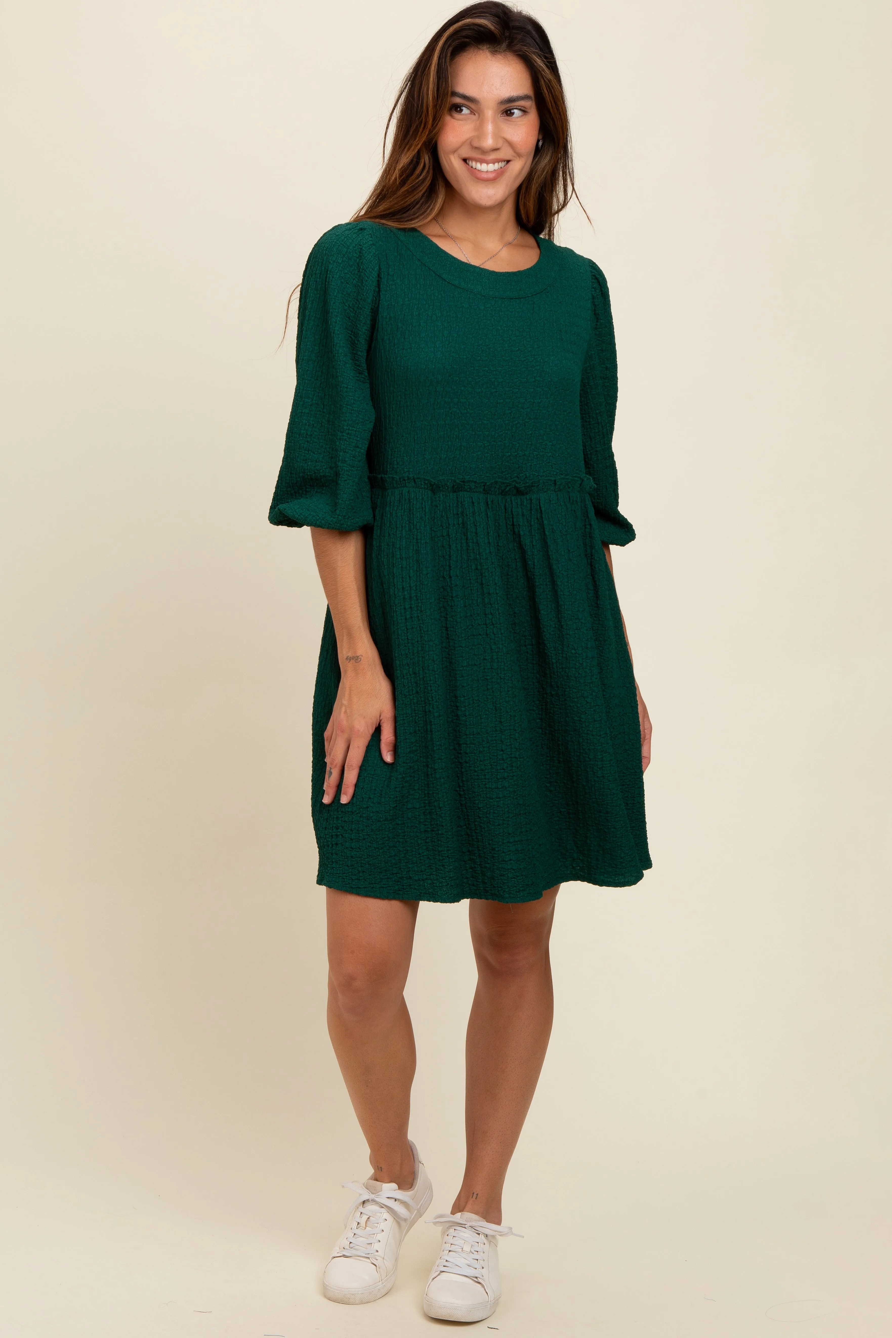 Forest Green Knit Ruffle Trim Dress sold by Pinkblush