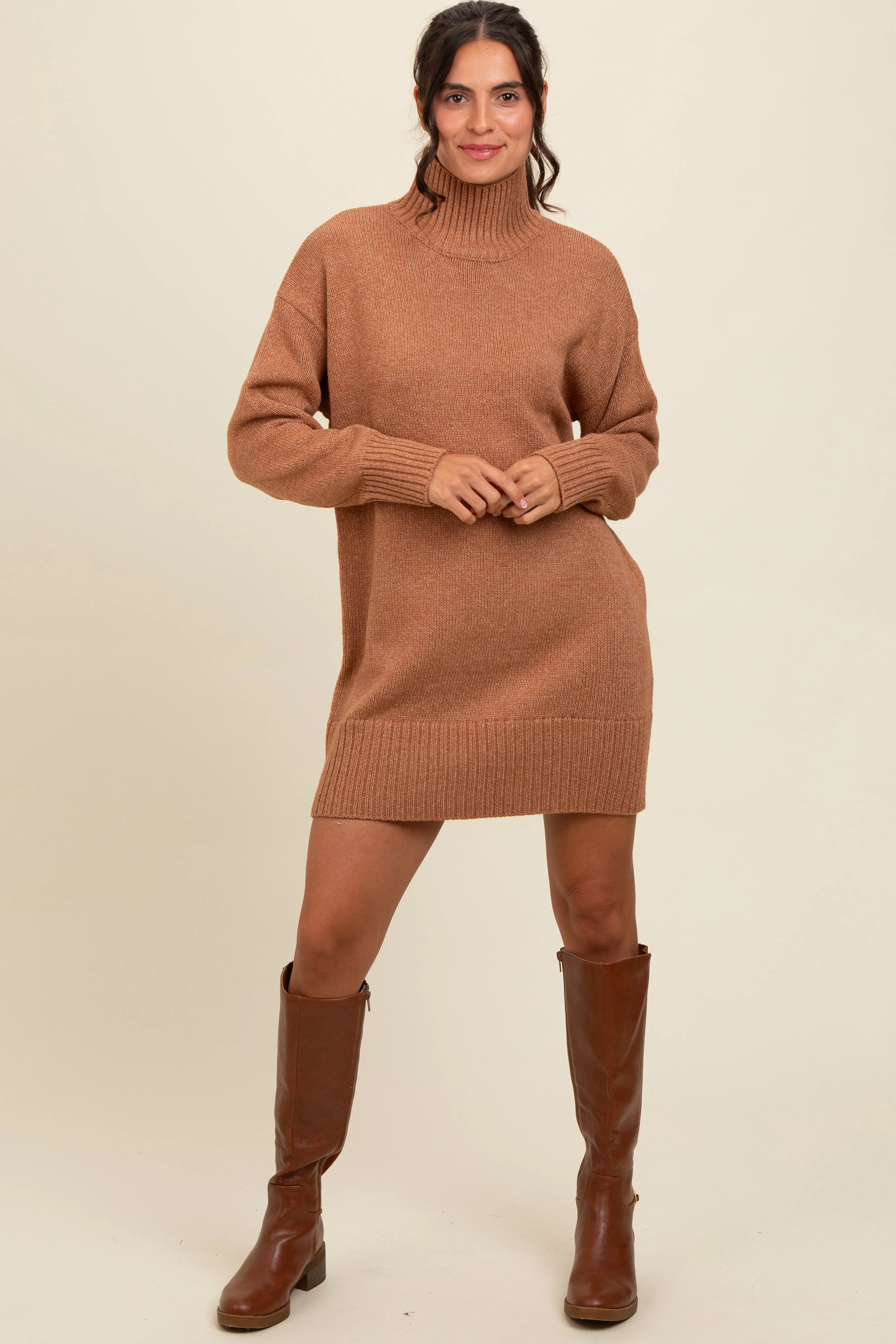 Camel Turtle Neck Mini Sweater Dress sold by Pinkblush