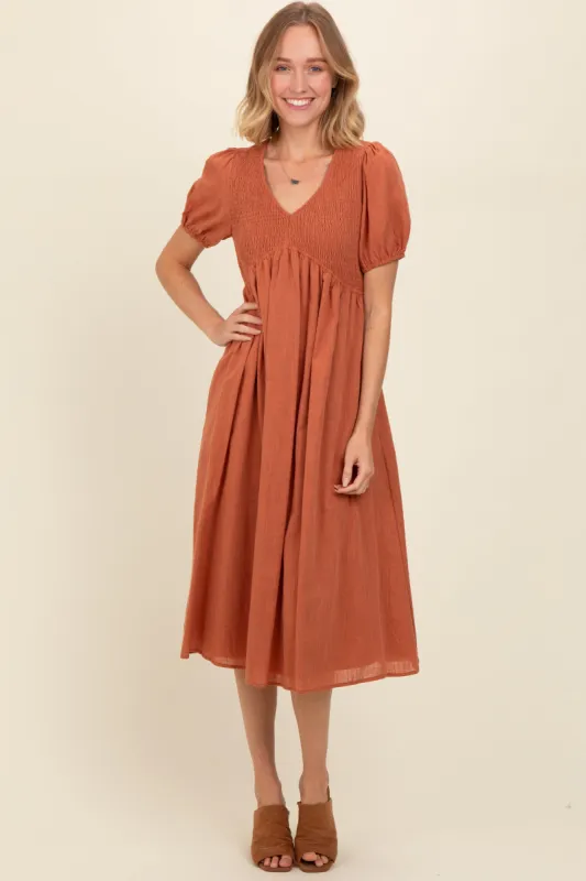 Rust Smocked V-Neck Puff Sleeve Midi Dress sold by Pinkblush