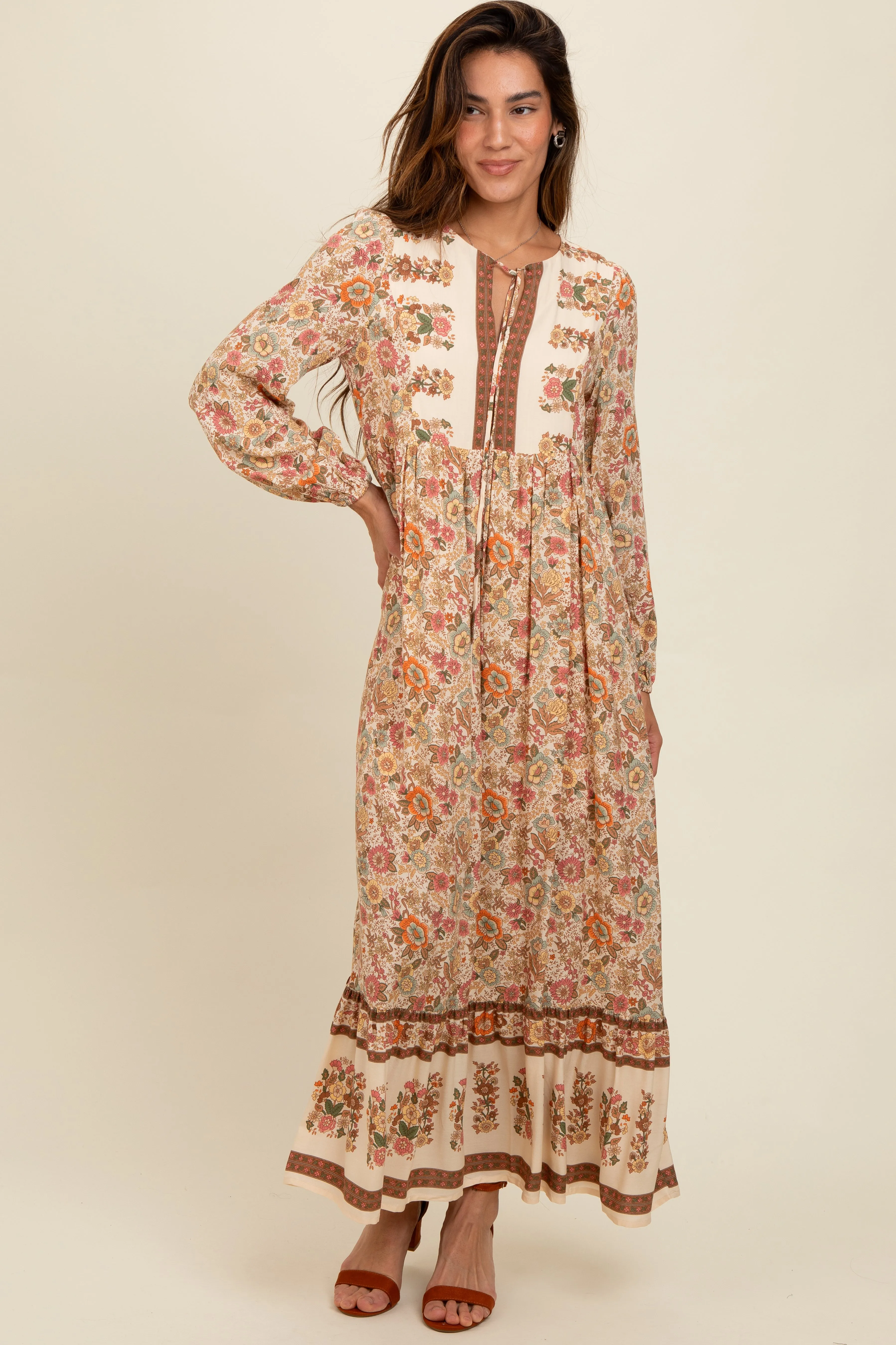 Cream Floral Border Print Maxi Dress sold by Pinkblush