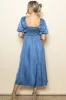 Blue Satin Pleated Bodice Puff Sleeve Midi Dress sold by Pinkblush