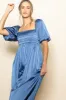 Blue Satin Pleated Bodice Puff Sleeve Midi Dress sold by Pinkblush