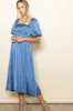 Blue Satin Pleated Bodice Puff Sleeve Midi Dress sold by Pinkblush