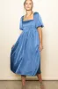 Blue Satin Pleated Bodice Puff Sleeve Midi Dress sold by Pinkblush