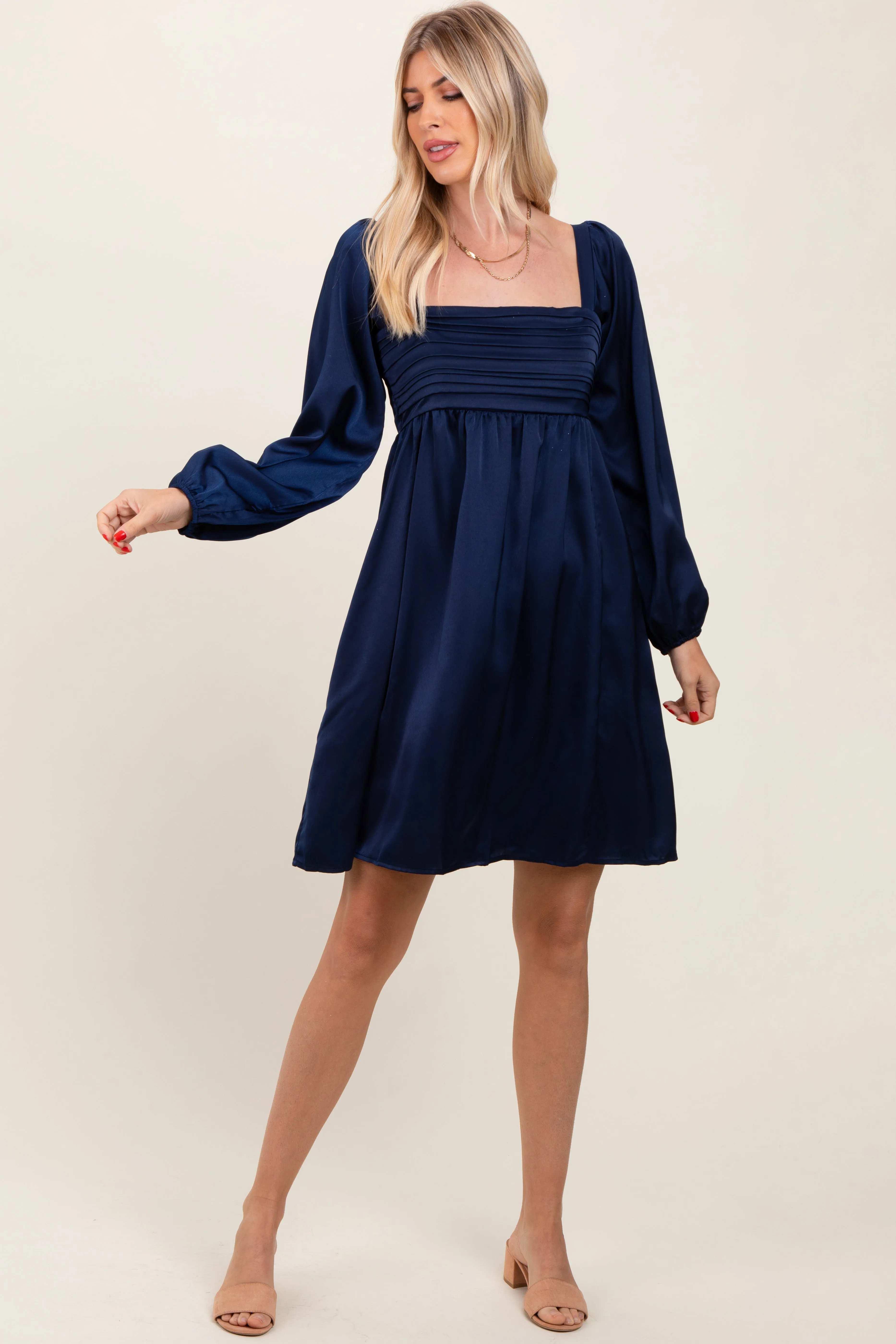 Navy Blue Satin Pleated Detail Bodice Dress sold by Pinkblush product image thumbnail 4