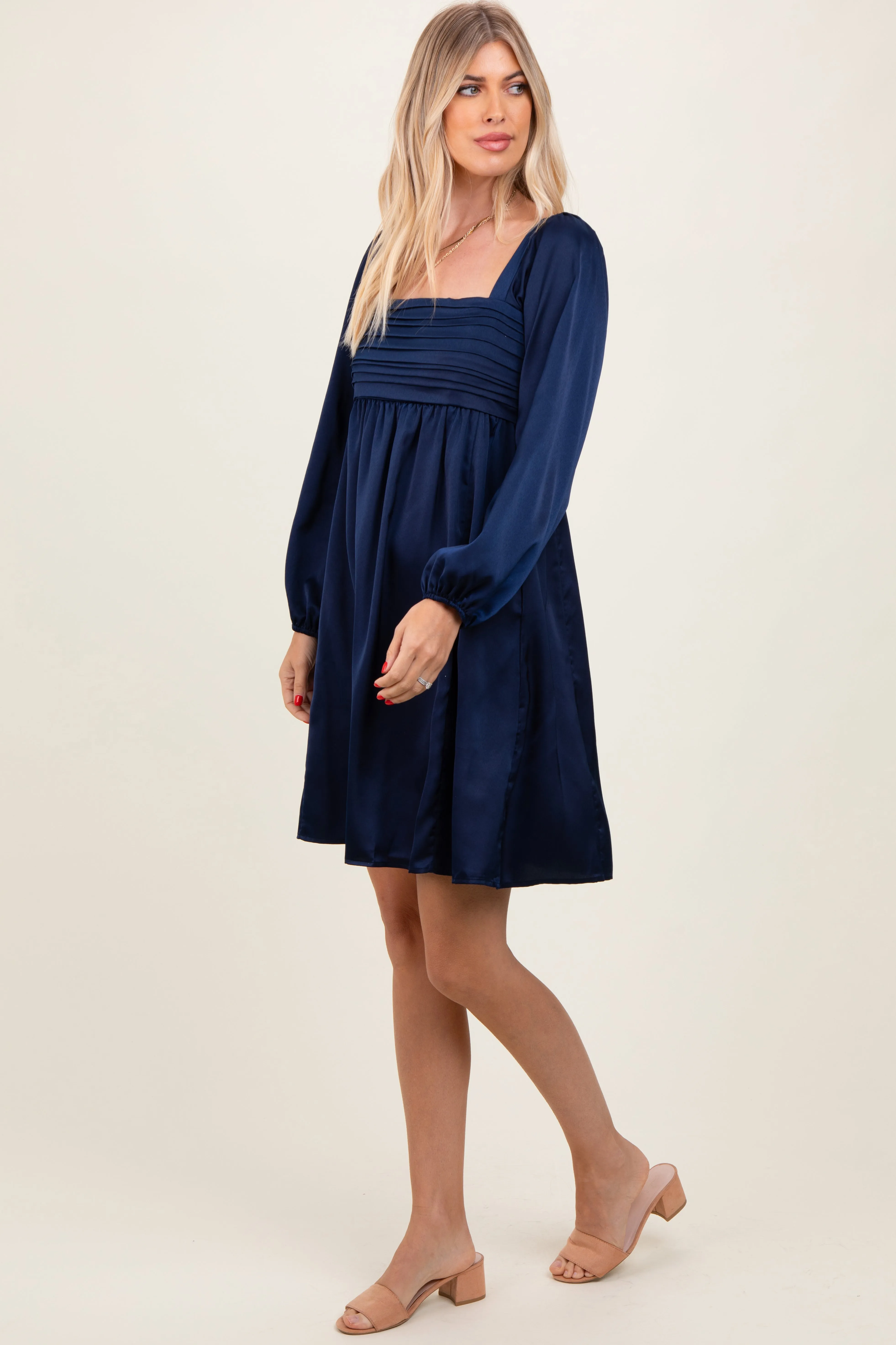 Navy Blue Satin Pleated Detail Bodice Dress sold by Pinkblush product image thumbnail 2