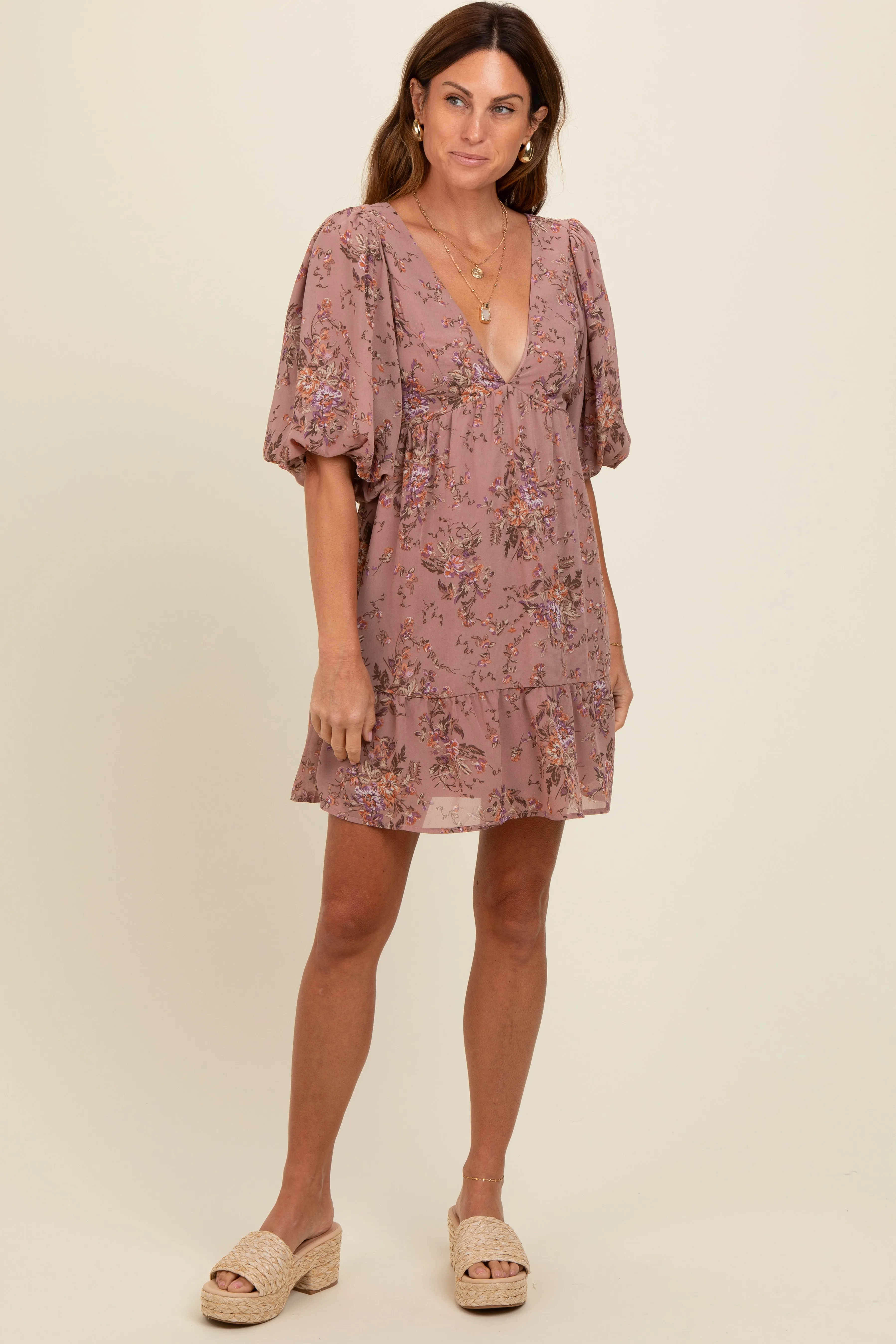 Mauve Deep V-Neck Tie Back Floral Mini Dress sold by Pinkblush