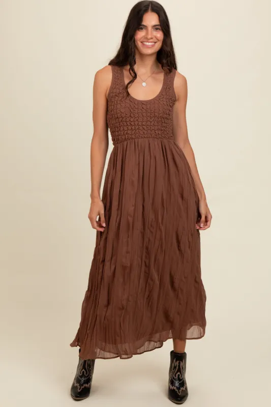 Mocha Textured Smocked Bodice Sleeveless Maxi Dress sold by Pinkblush