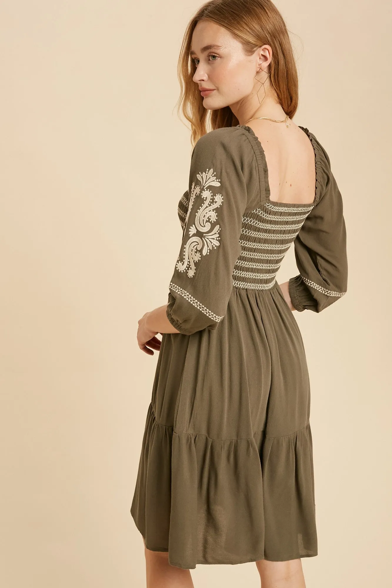 Olive Smocked Embroidered Damask Dress sold by Pinkblush product image thumbnail 3