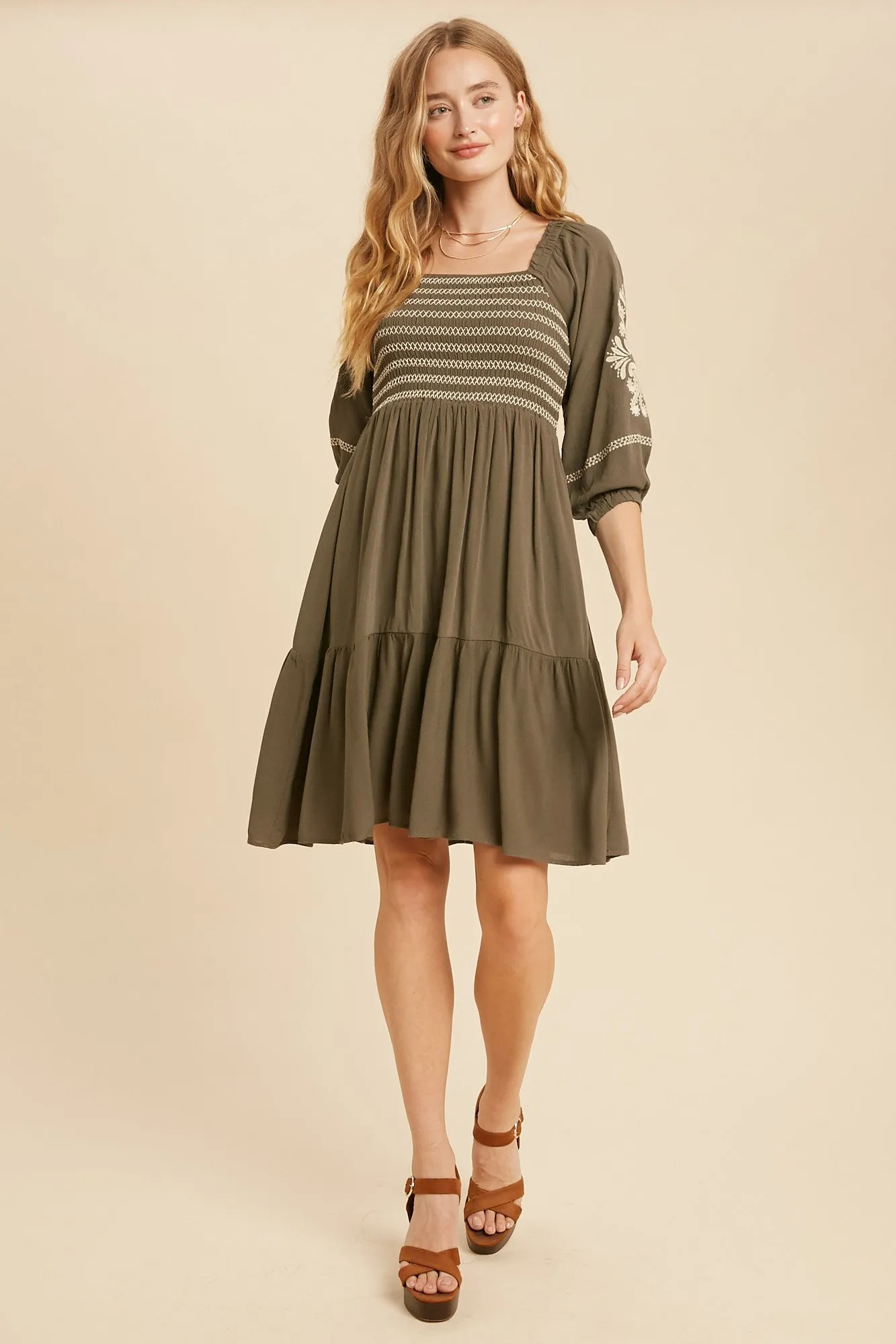 Olive Smocked Embroidered Damask Dress sold by Pinkblush product image thumbnail 4