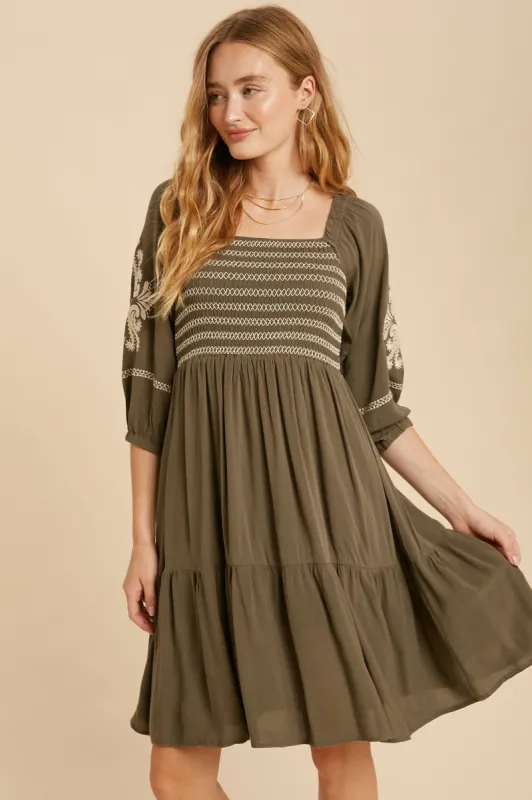 Olive Smocked Embroidered Damask Dress sold by Pinkblush