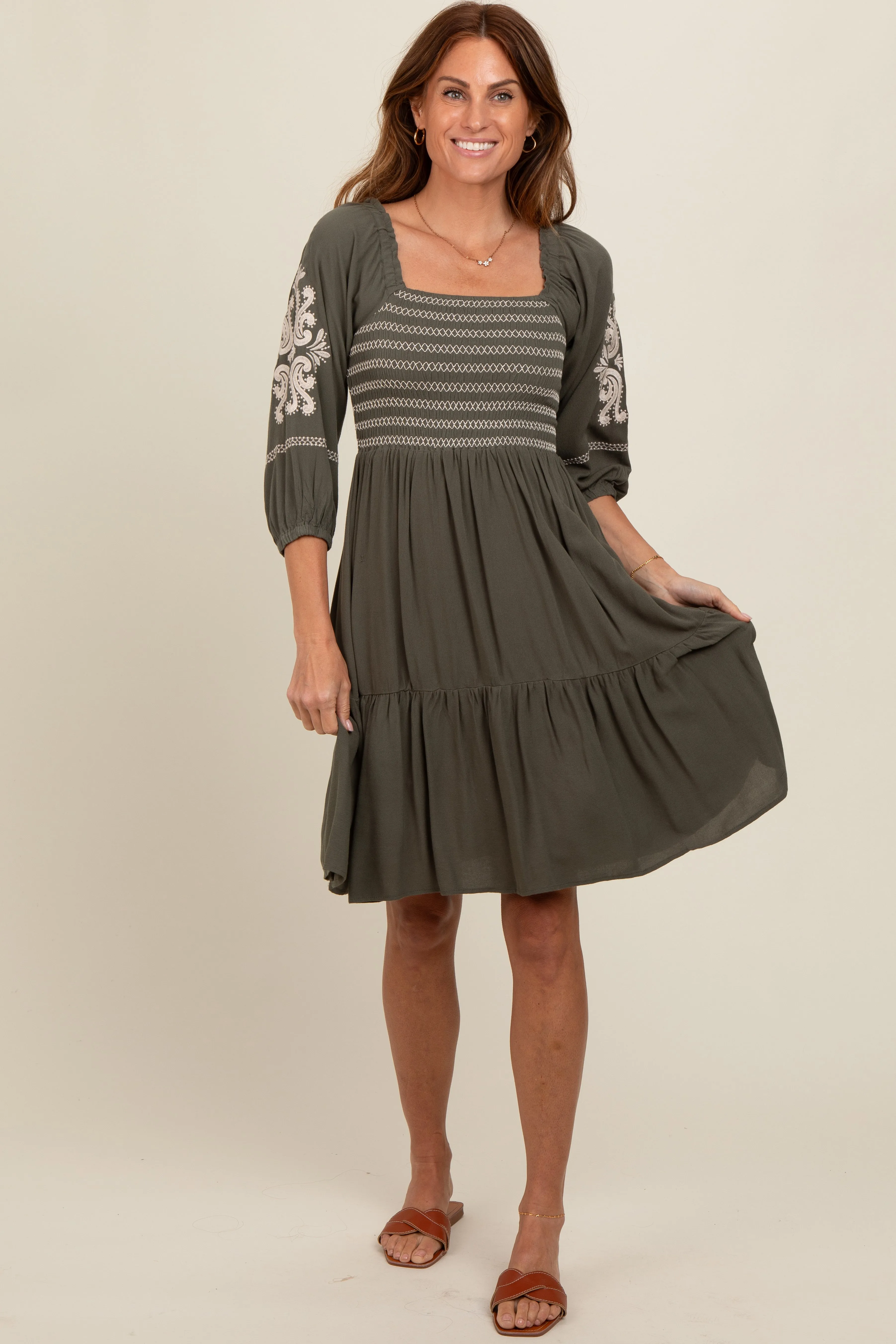 Olive Smocked Embroidered Damask Dress sold by Pinkblush product image thumbnail 5