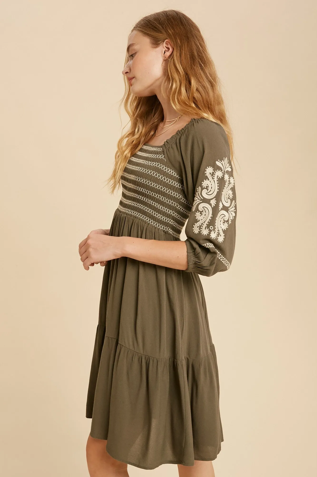 Olive Smocked Embroidered Damask Dress sold by Pinkblush product image thumbnail 2