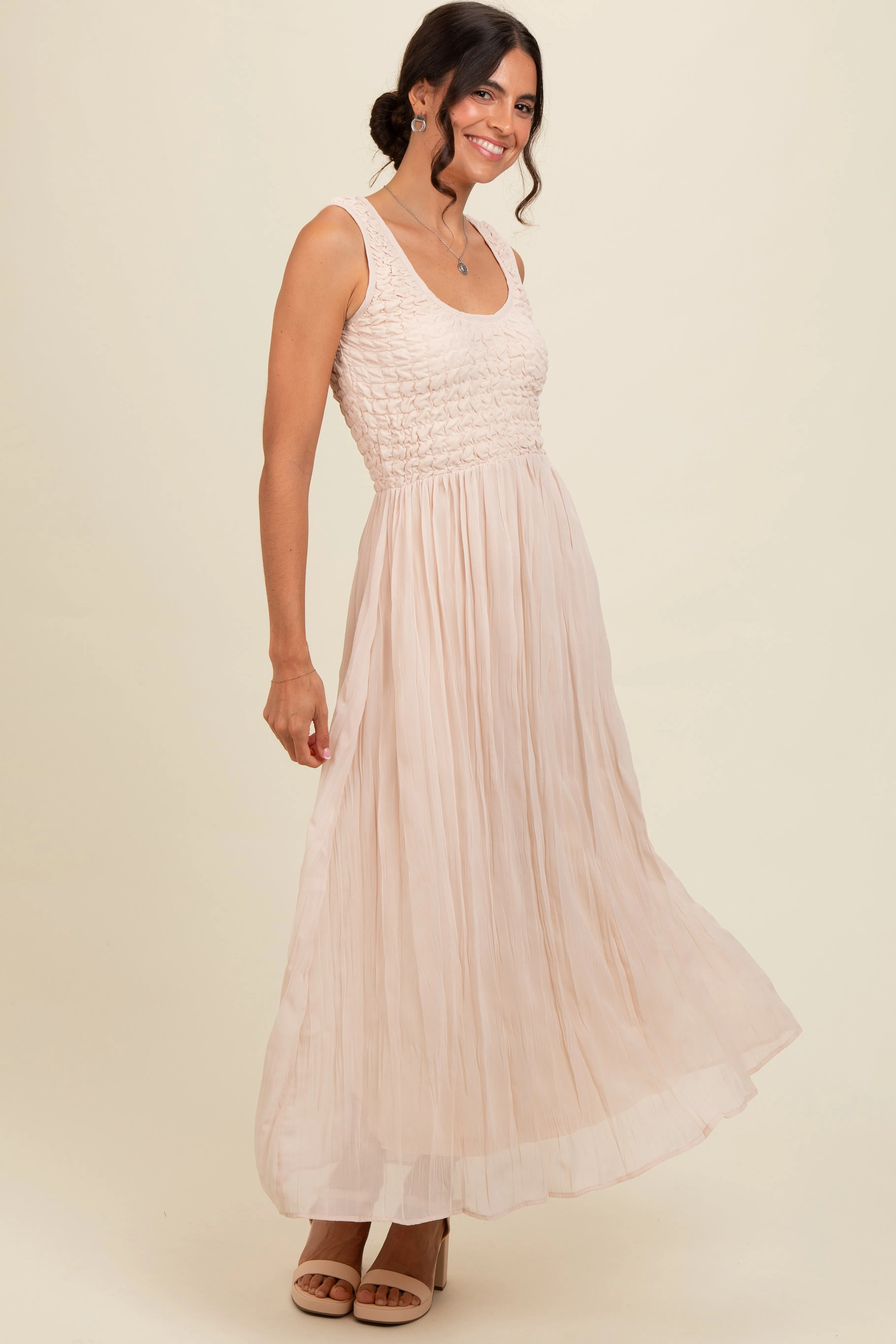 Cream Textured Smocked Bodice Sleeveless Maxi Dress sold by Pinkblush product image thumbnail 2