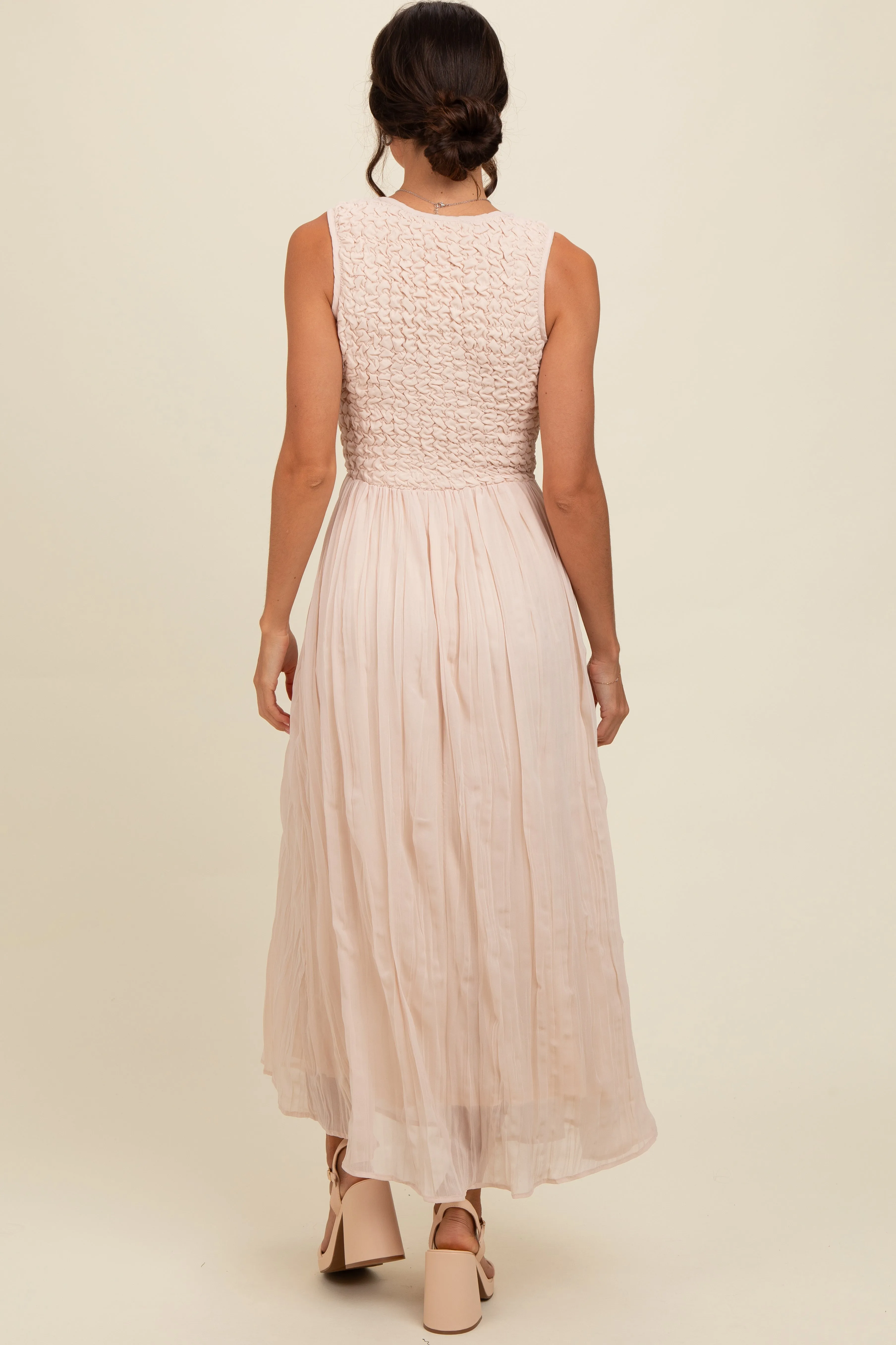 Cream Textured Smocked Bodice Sleeveless Maxi Dress sold by Pinkblush product image thumbnail 3