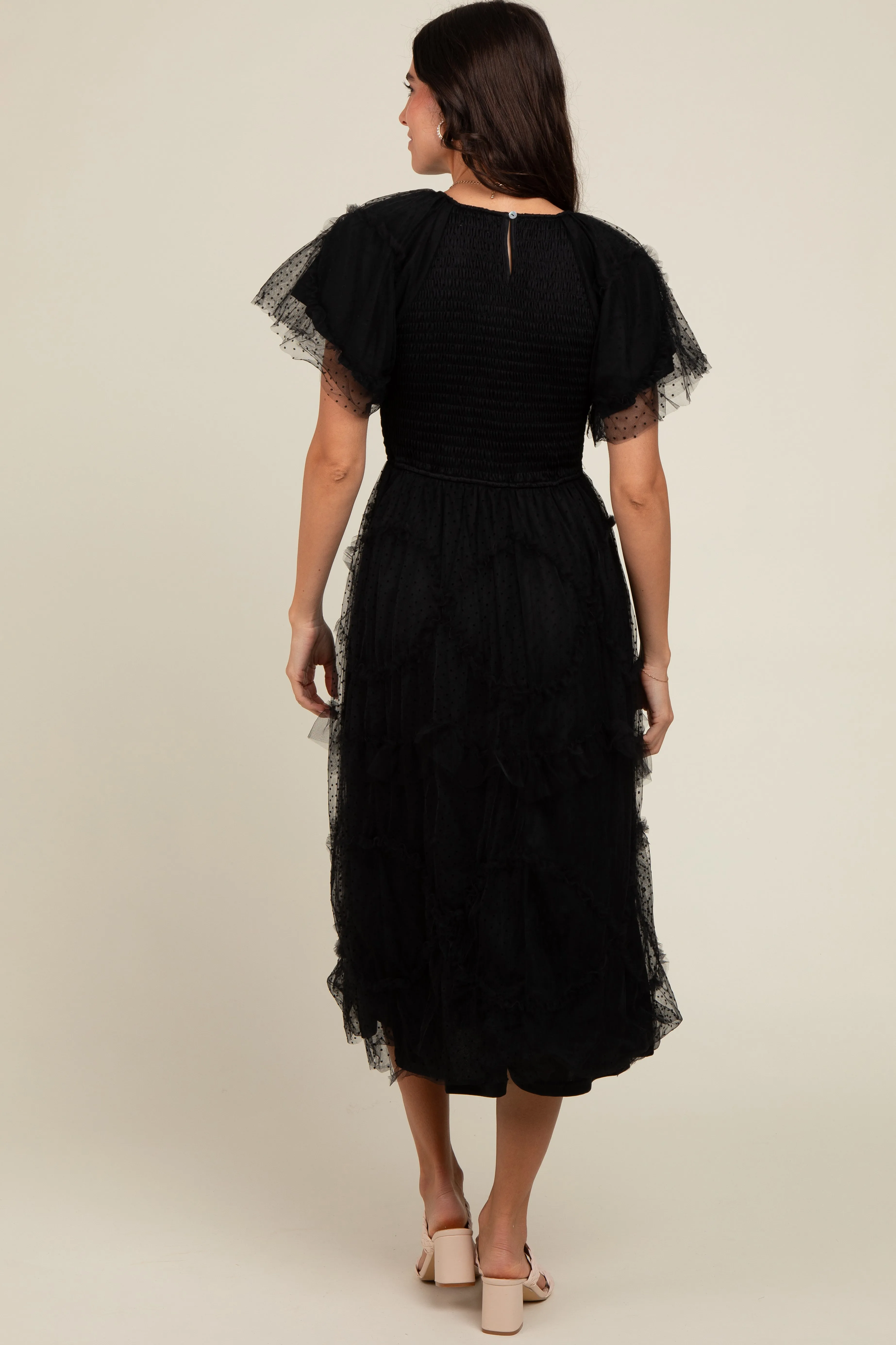 Black Smocked Dotted Tulle Overlay Midi Dress sold by Pinkblush product image thumbnail 5