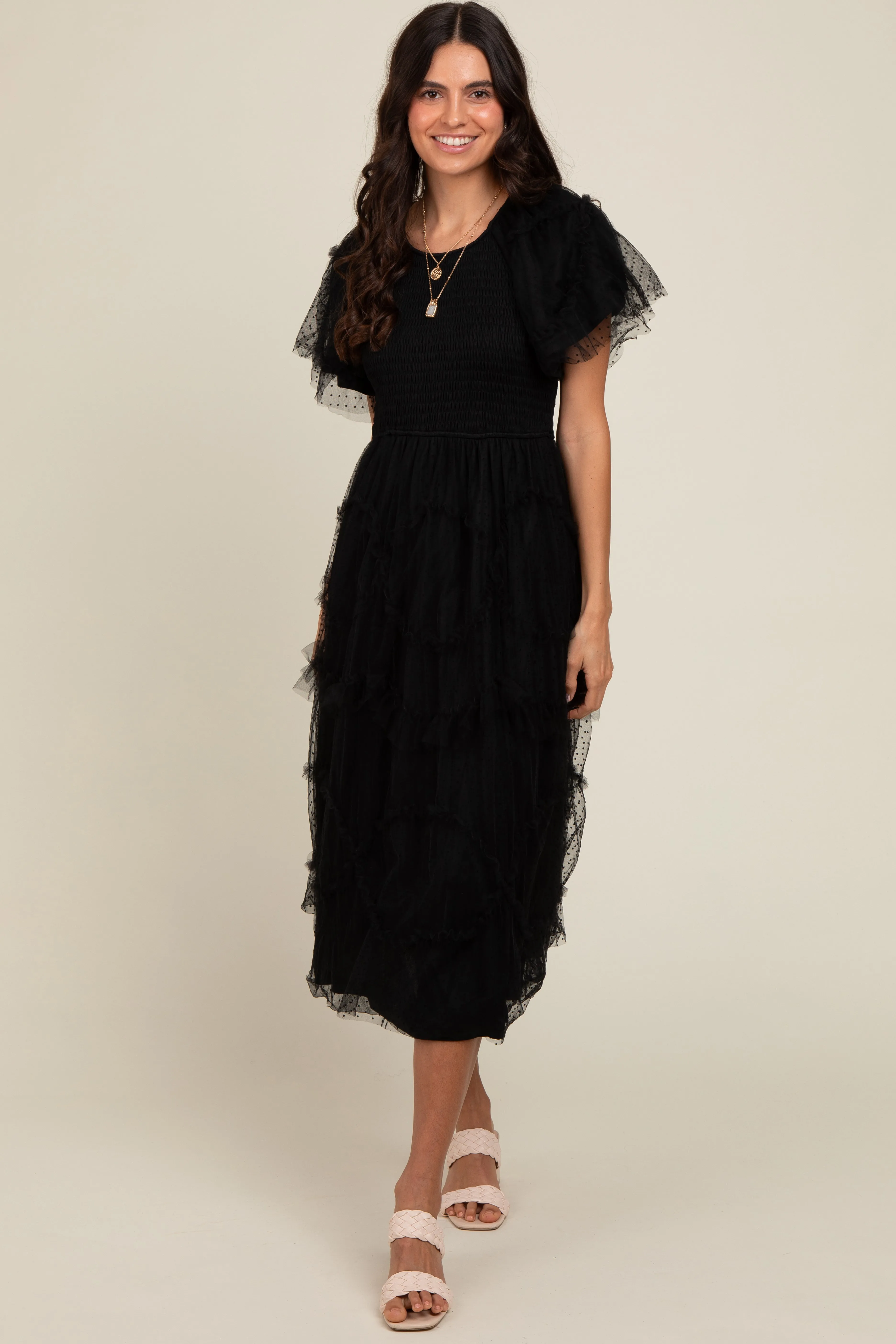 Black Smocked Dotted Tulle Overlay Midi Dress sold by Pinkblush product image thumbnail 2