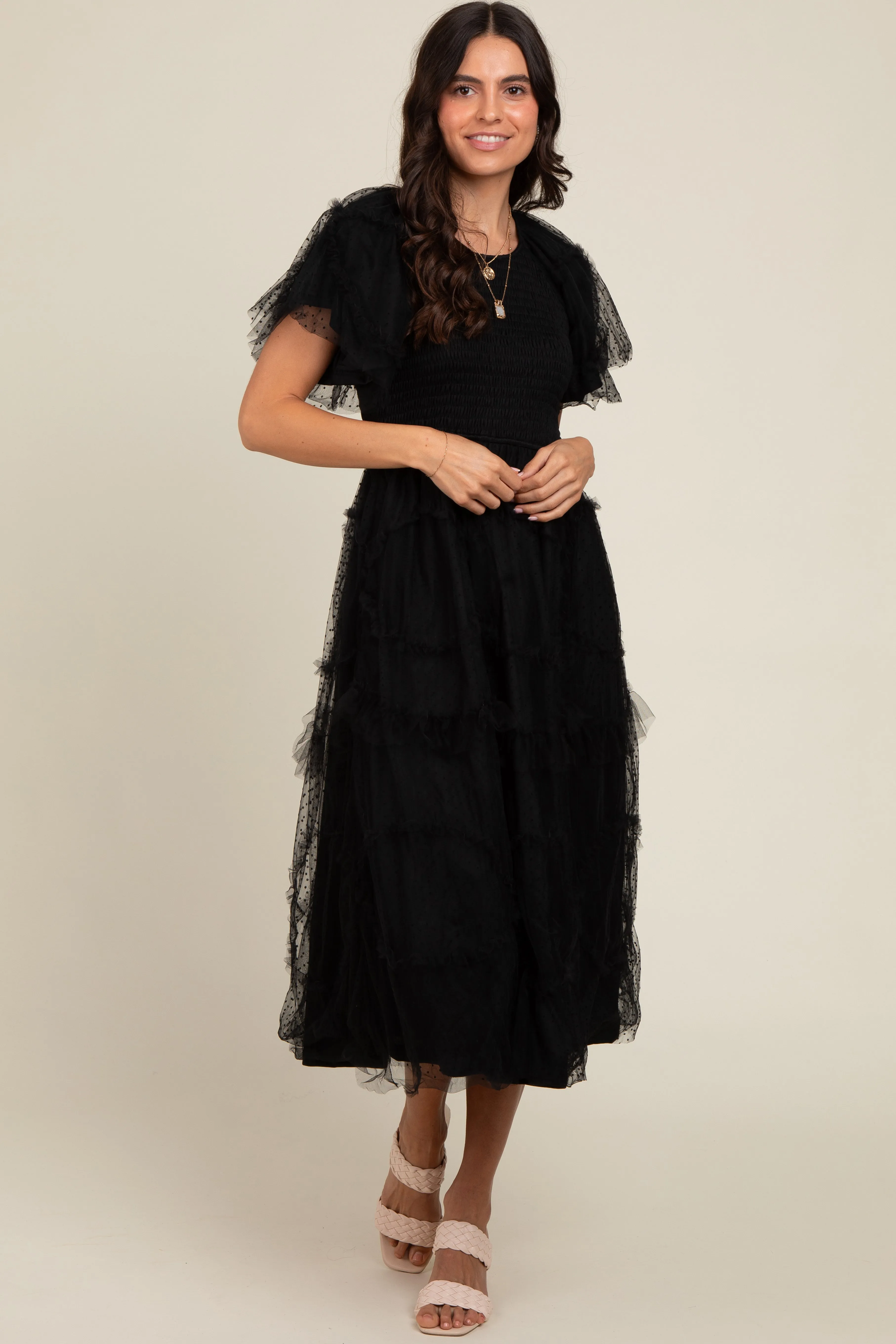 Black Smocked Dotted Tulle Overlay Midi Dress sold by Pinkblush product image thumbnail 3