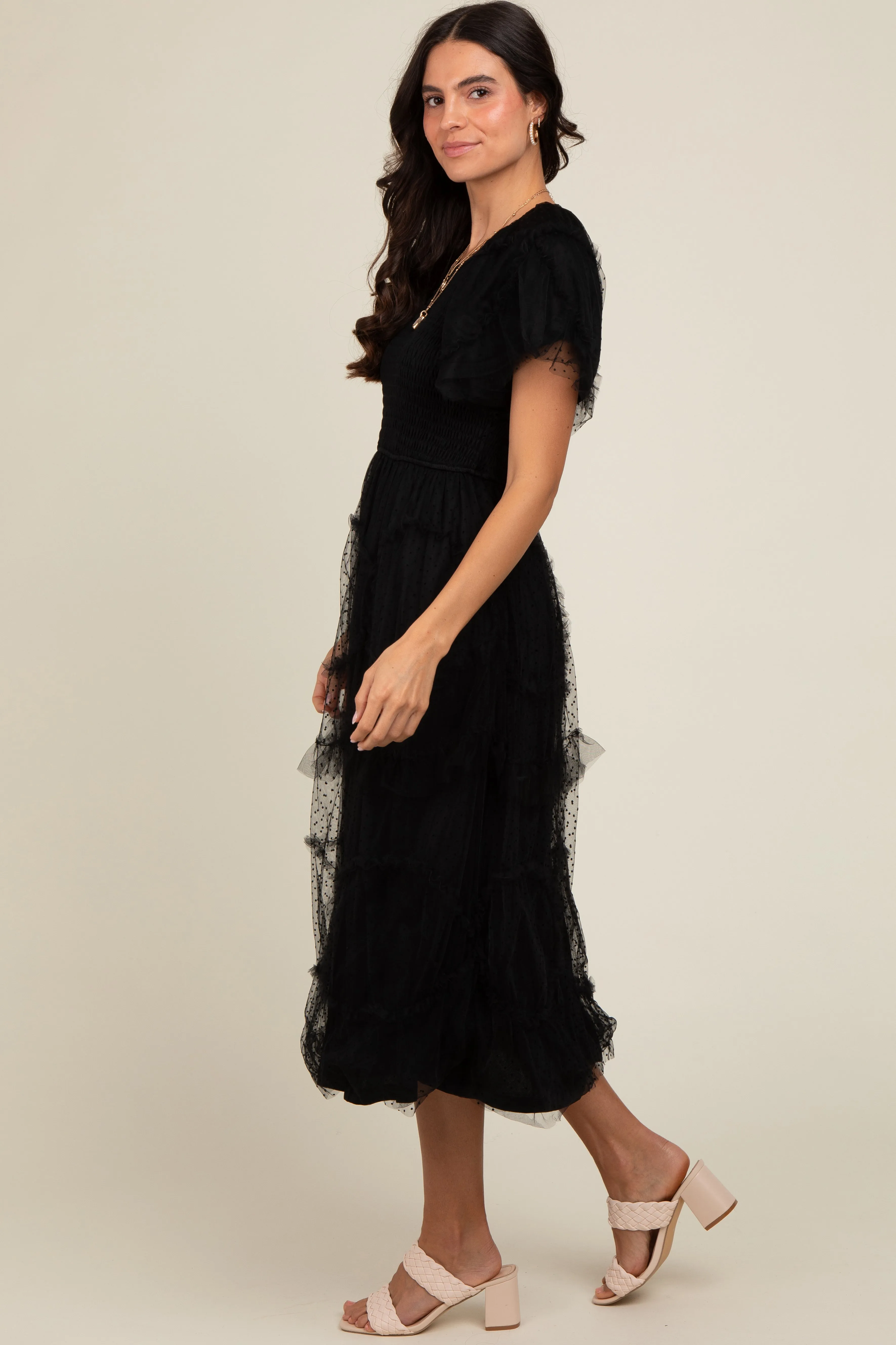 Black Smocked Dotted Tulle Overlay Midi Dress sold by Pinkblush product image thumbnail 4