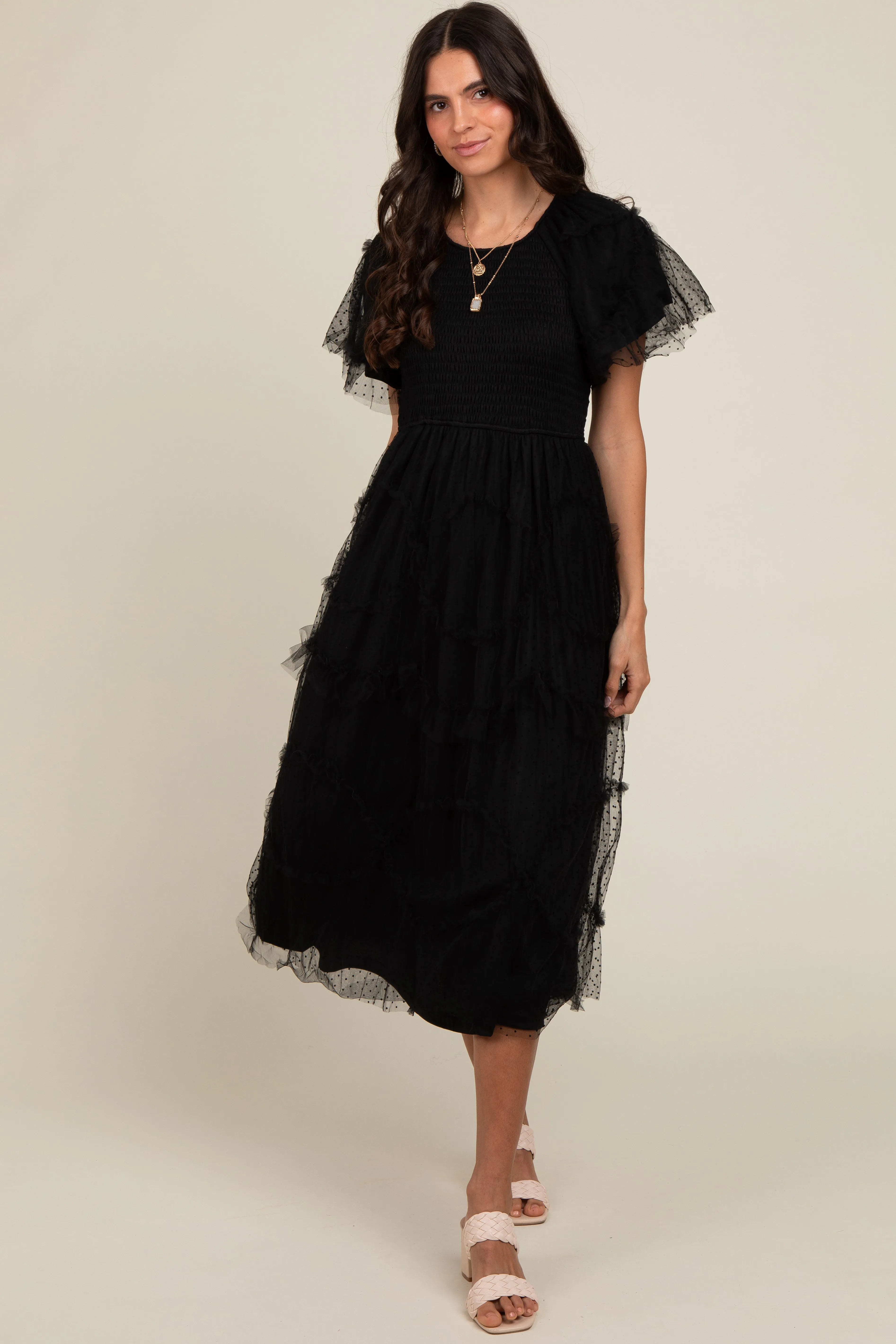 Black Smocked Dotted Tulle Overlay Midi Dress sold by Pinkblush