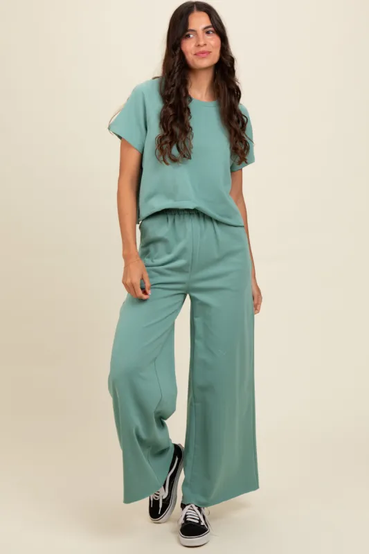 Light Olive Basic Tee And Wide Leg Pant Set sold by Pinkblush