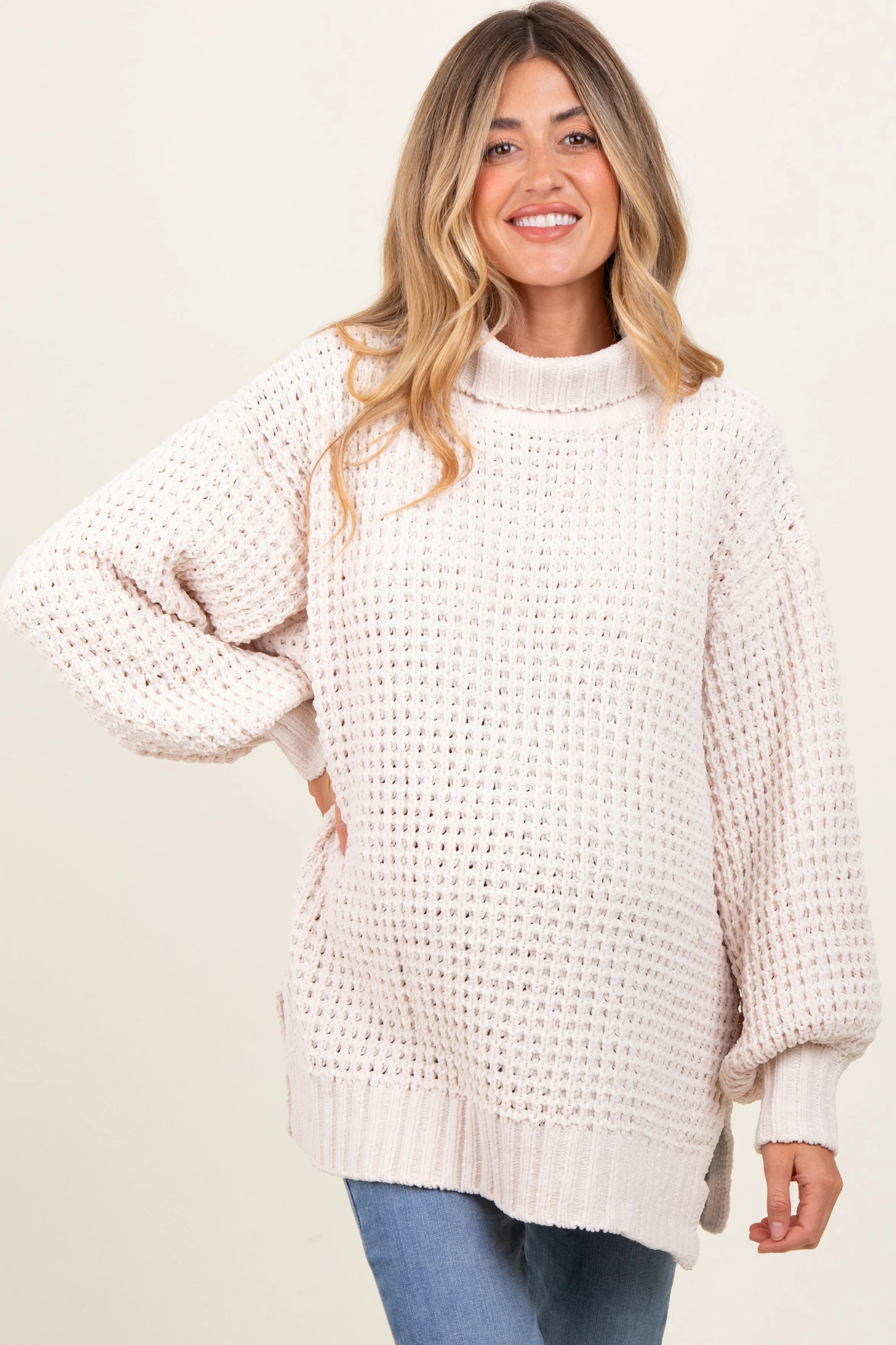 Cream Chunky Waffle Knit Maternity Turtleneck Sweater sold by Pinkblush