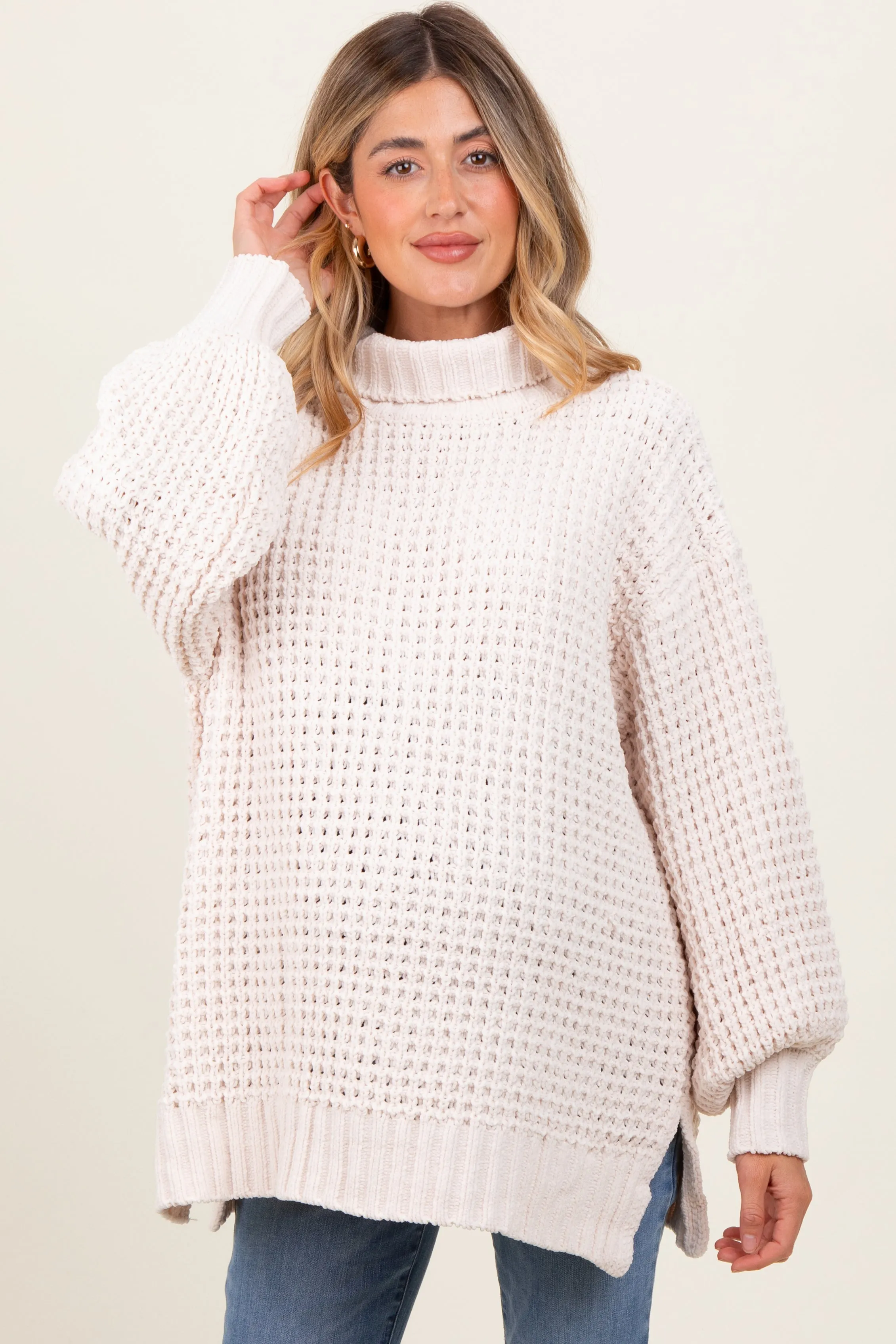 Cream Chunky Waffle Knit Maternity Turtleneck Sweater sold by Pinkblush product image thumbnail 2