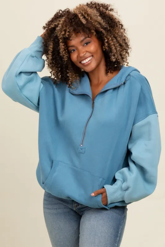 Blue Colorblock Half Zip Hoodie sold by Pinkblush
