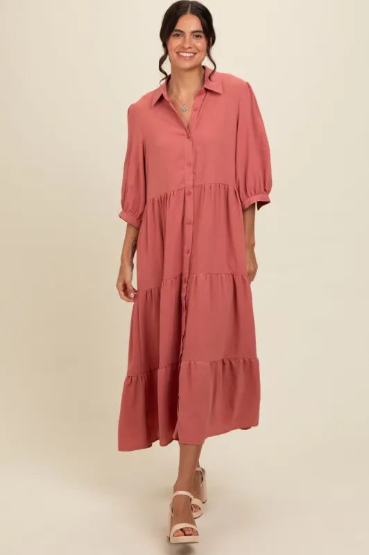 Salmon  Tiered Button Down Midi Dress sold by Pinkblush