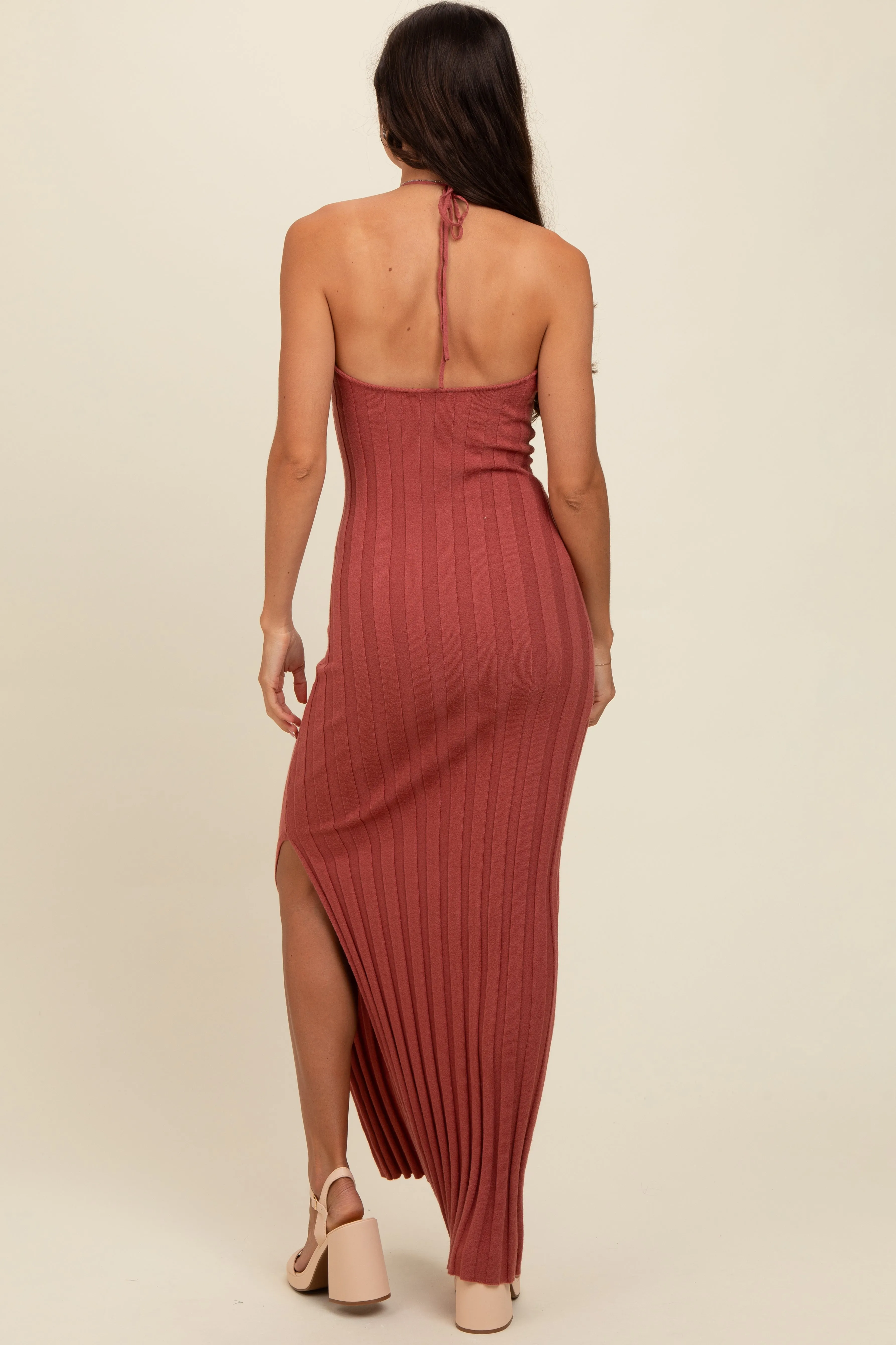 Rust Ribbed Knit Halter Neck Maxi Dress sold by Pinkblush product image thumbnail 4