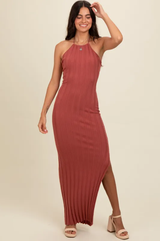 Rust Ribbed Knit Halter Neck Maxi Dress sold by Pinkblush