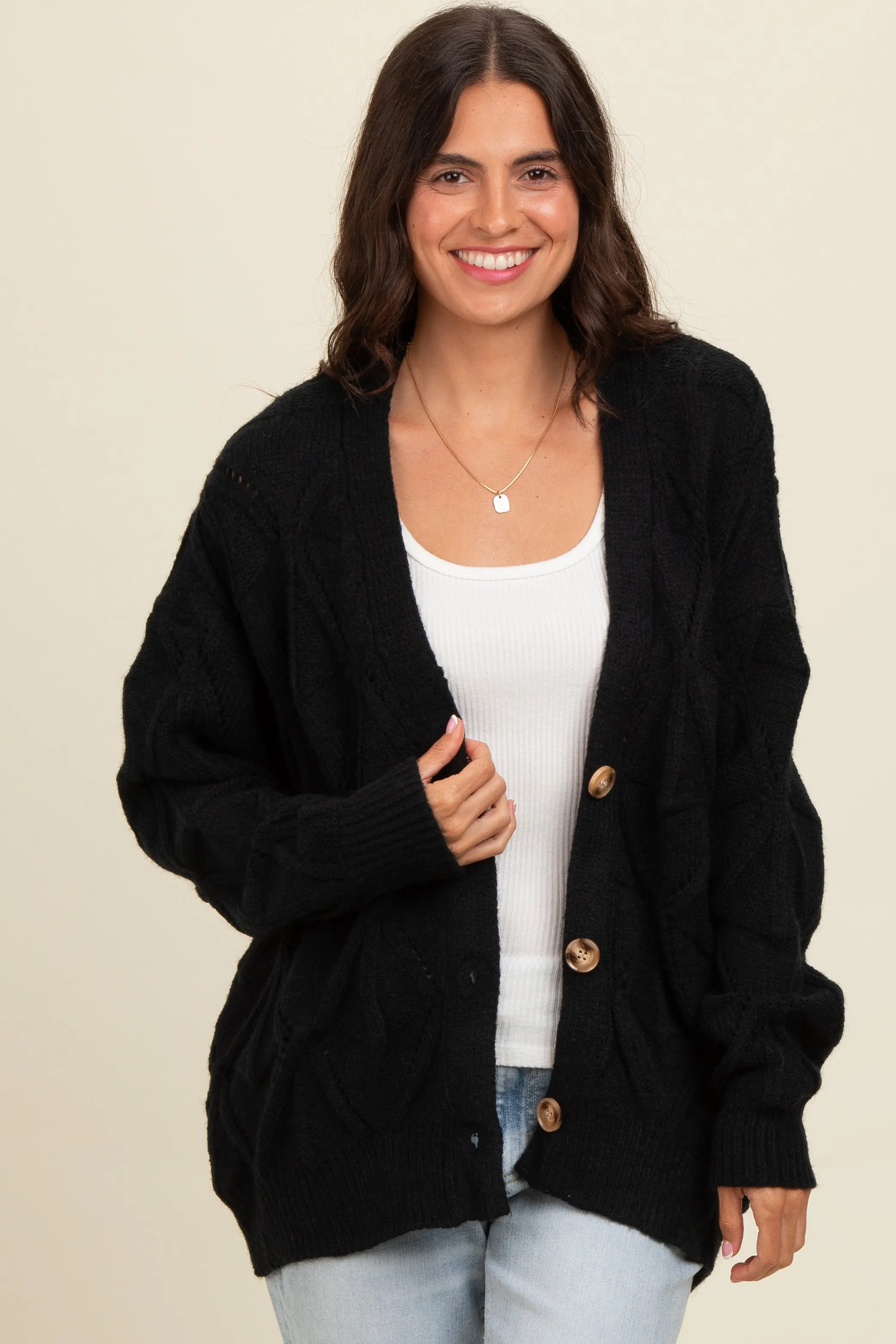 Black Textured Button Up Sweater Cardigan sold by Pinkblush