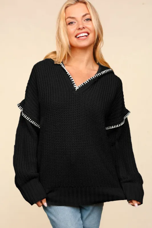 Black Contrast Stitch Hooded Sweater sold by Pinkblush