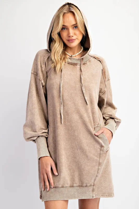 Mocha Mineral Wash Hoodie Dress sold by Pinkblush