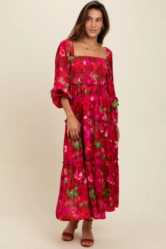 Red Satin Floral Smocked Ruffle Tier Maxi Dress sold by Pinkblush
