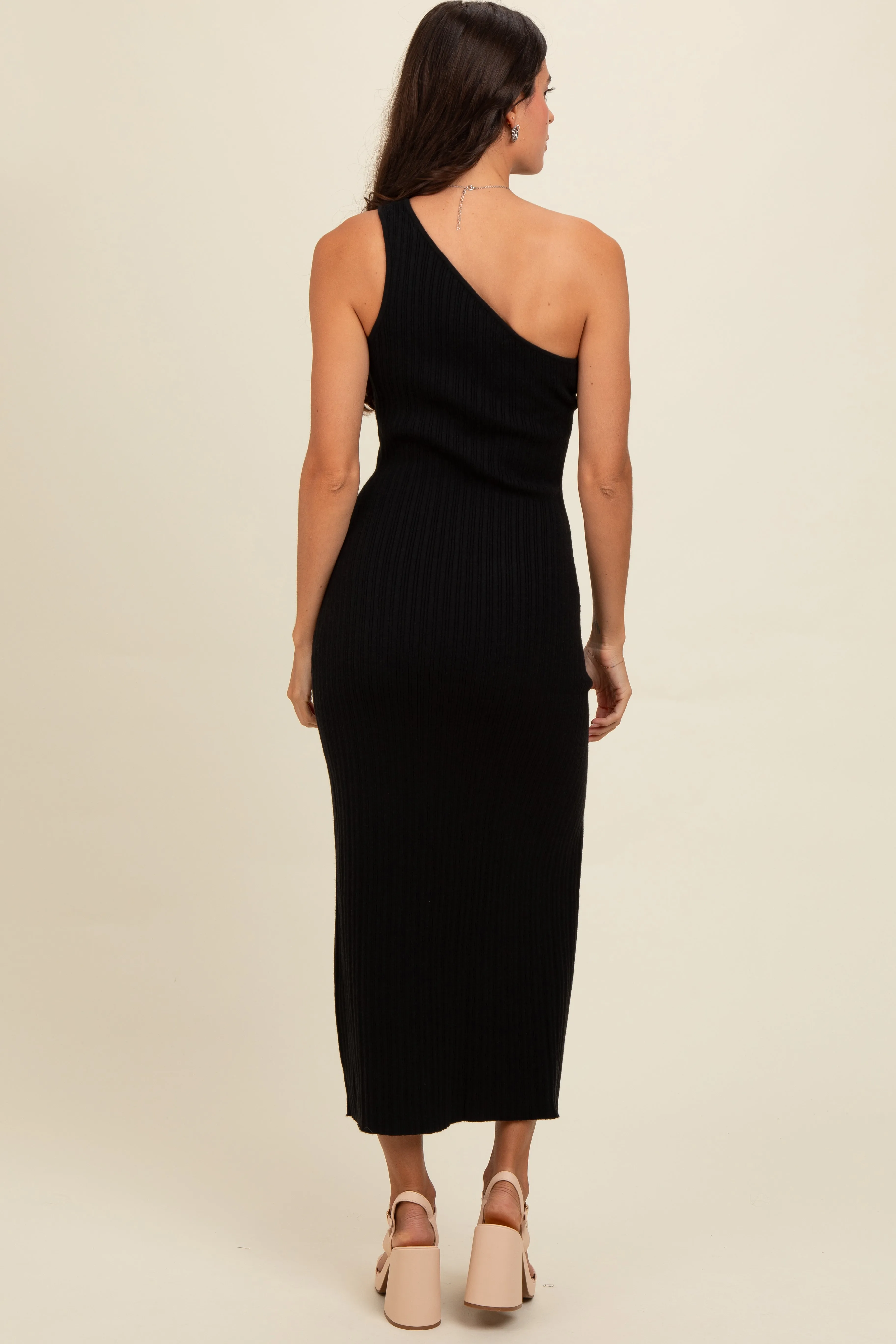 Black Knit One Shoulder Side Slit Maxi Dress sold by Pinkblush product image thumbnail 3