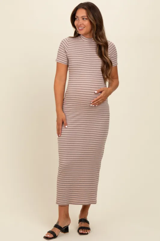 Beige Striped Mock Neck Fitted Maternity Midi Dress sold by Pinkblush