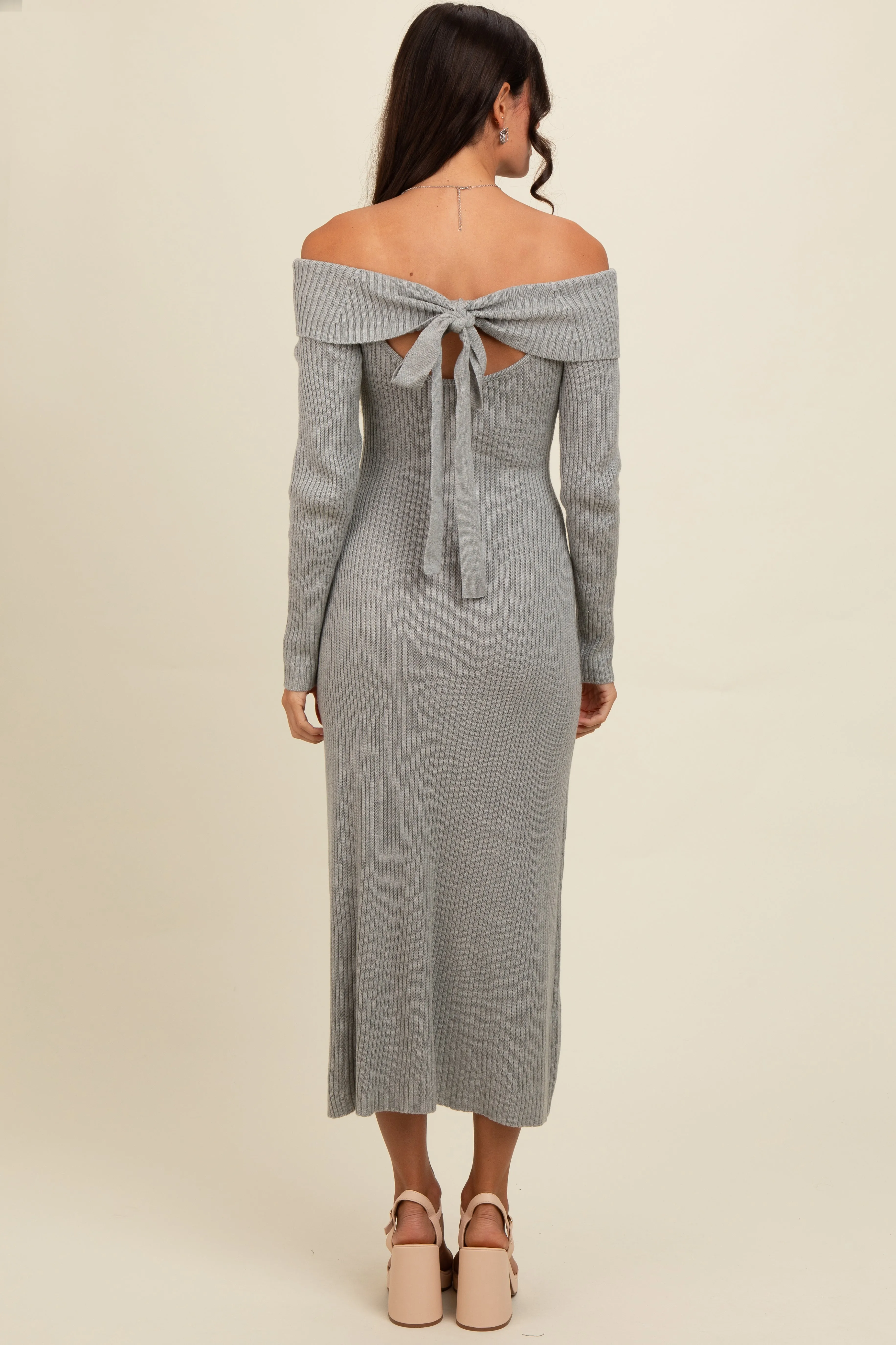 Heather Grey Off Shoulder Back Tie Sweater Midi Dress sold by Pinkblush product image thumbnail 4