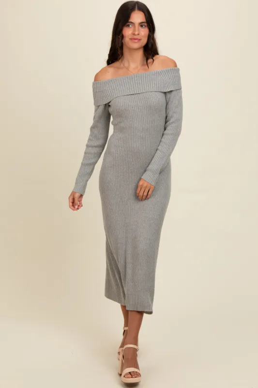 Heather Grey Off Shoulder Back Tie Sweater Midi Dress sold by Pinkblush