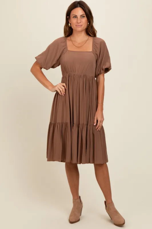 Brown Square Neck Puff Sleeve Dress sold by Pinkblush