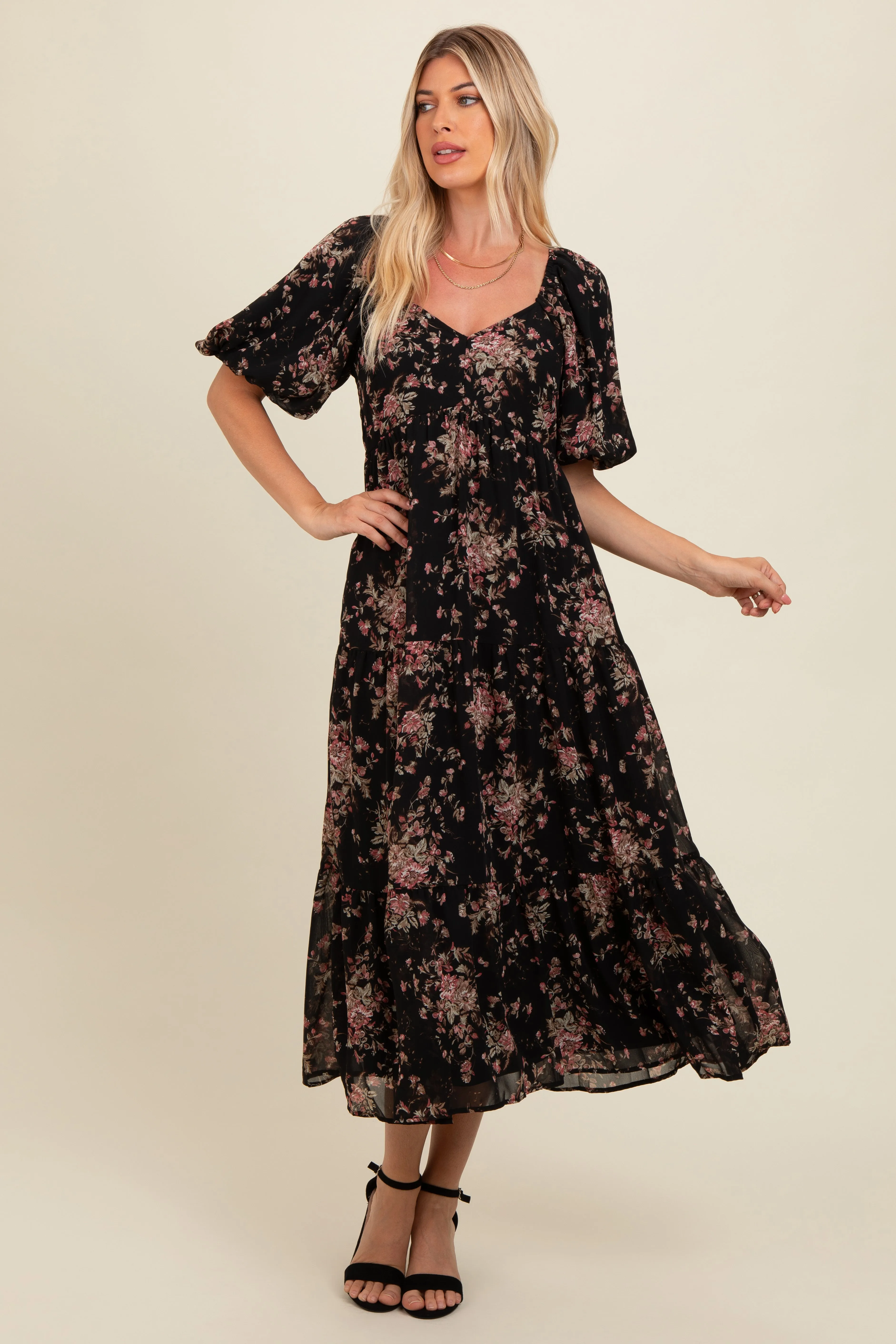 Black Floral Tiered Puff Sleeve Maxi Dress sold by Pinkblush product image thumbnail 3